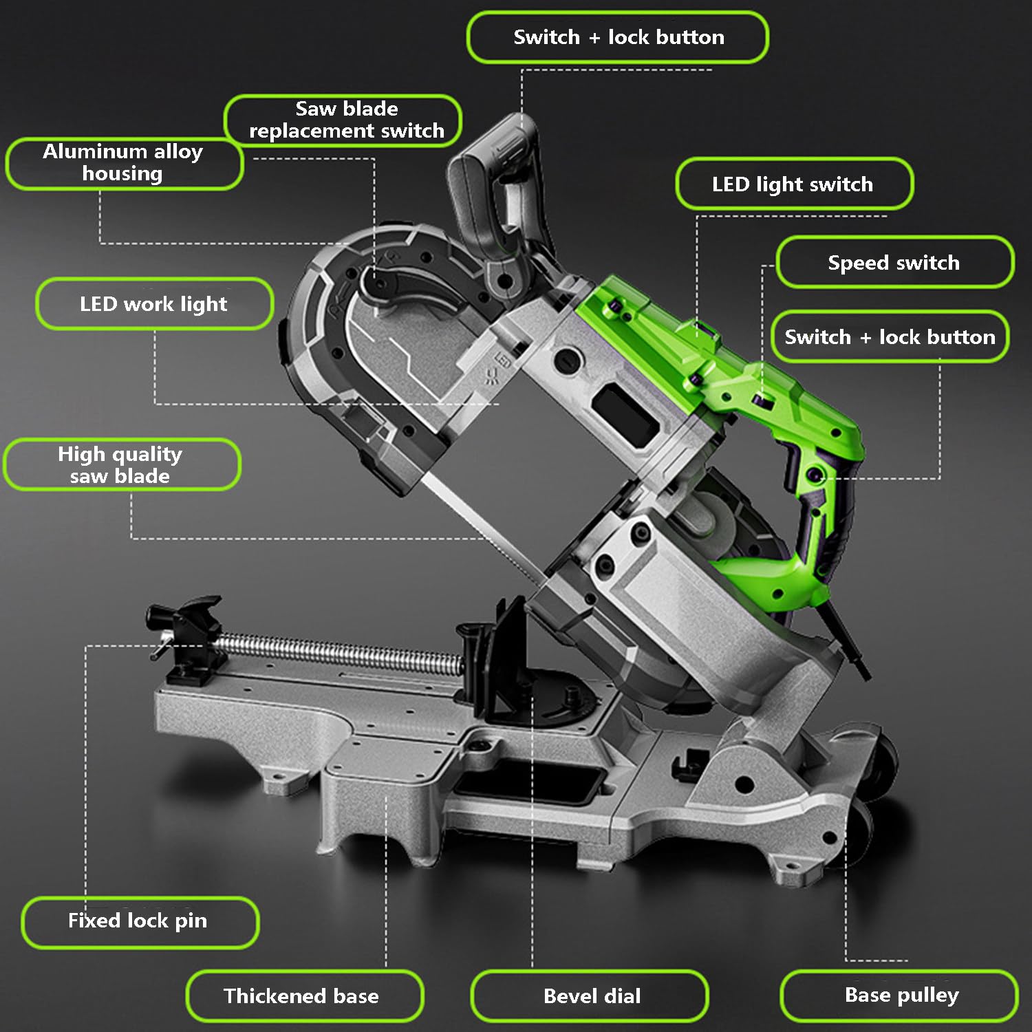 Sierra De Cinta De 12 Cm para Cortar Metal, Sierra Ingletadora, con Base Extraíble, Velocidad De Corte De 0,8-2,40 M/S, Iluminación LED Incorporada, Adecuada para Metal, Madera, Etc.