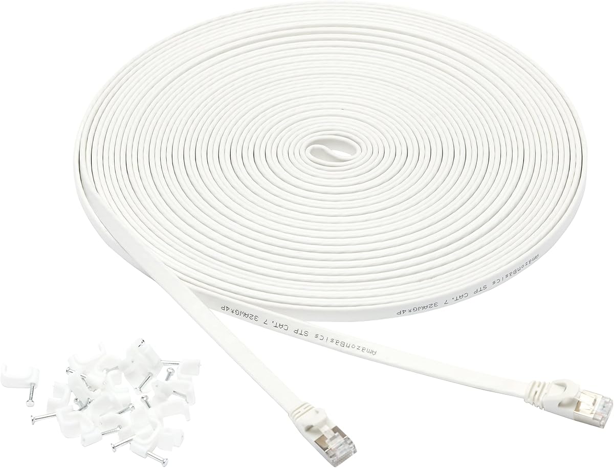 Amazon Basics Flat Cat 7 Ethernet Cable - 15.2 m, 600MHz, Shielded, Snagless, with Nails for Easy Installation, White