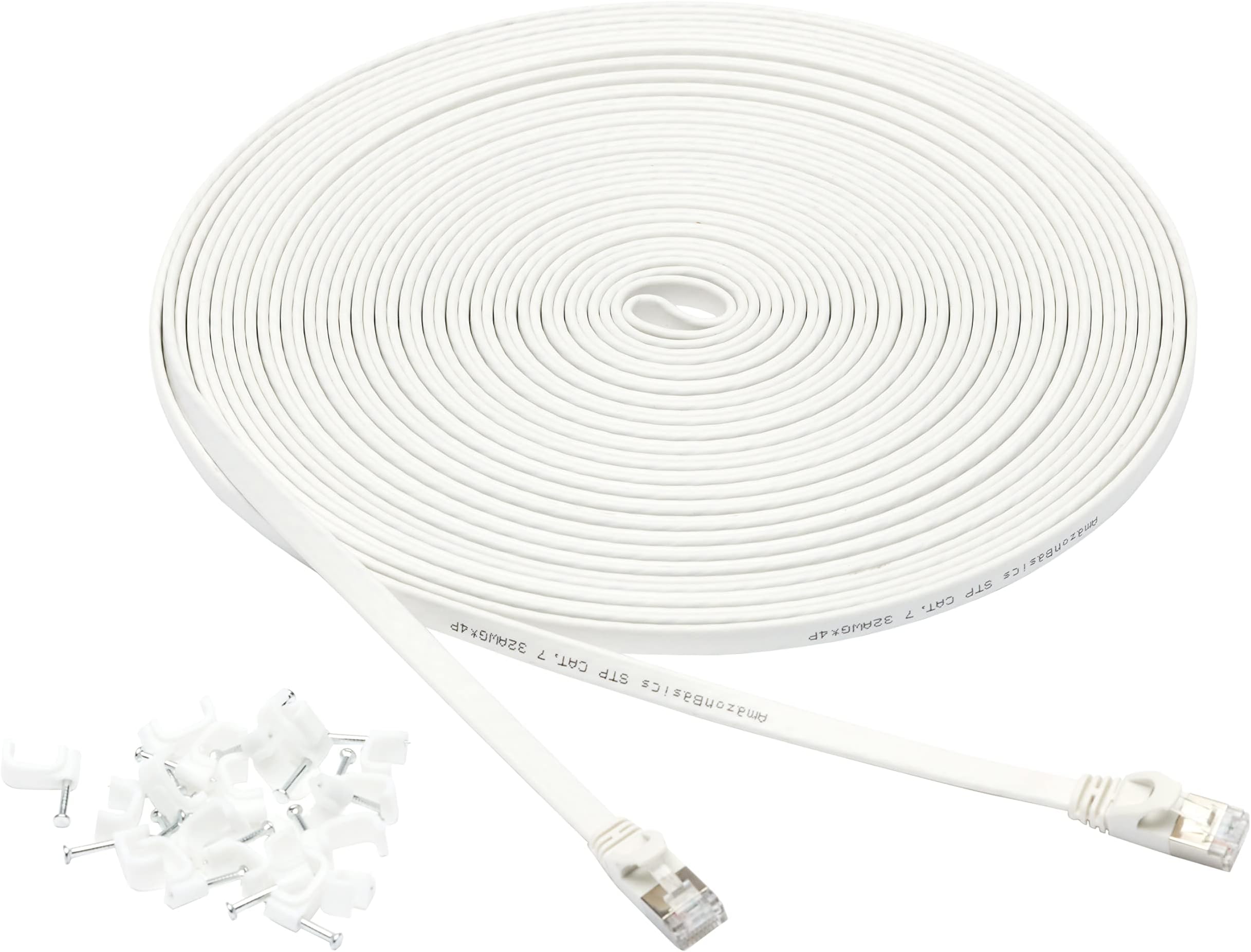 Amazon Basics Flat Cat 7 Ethernet Cable - 15.2 m, 600MHz, Shielded, Snagless, with Nails for Easy Installation, White
