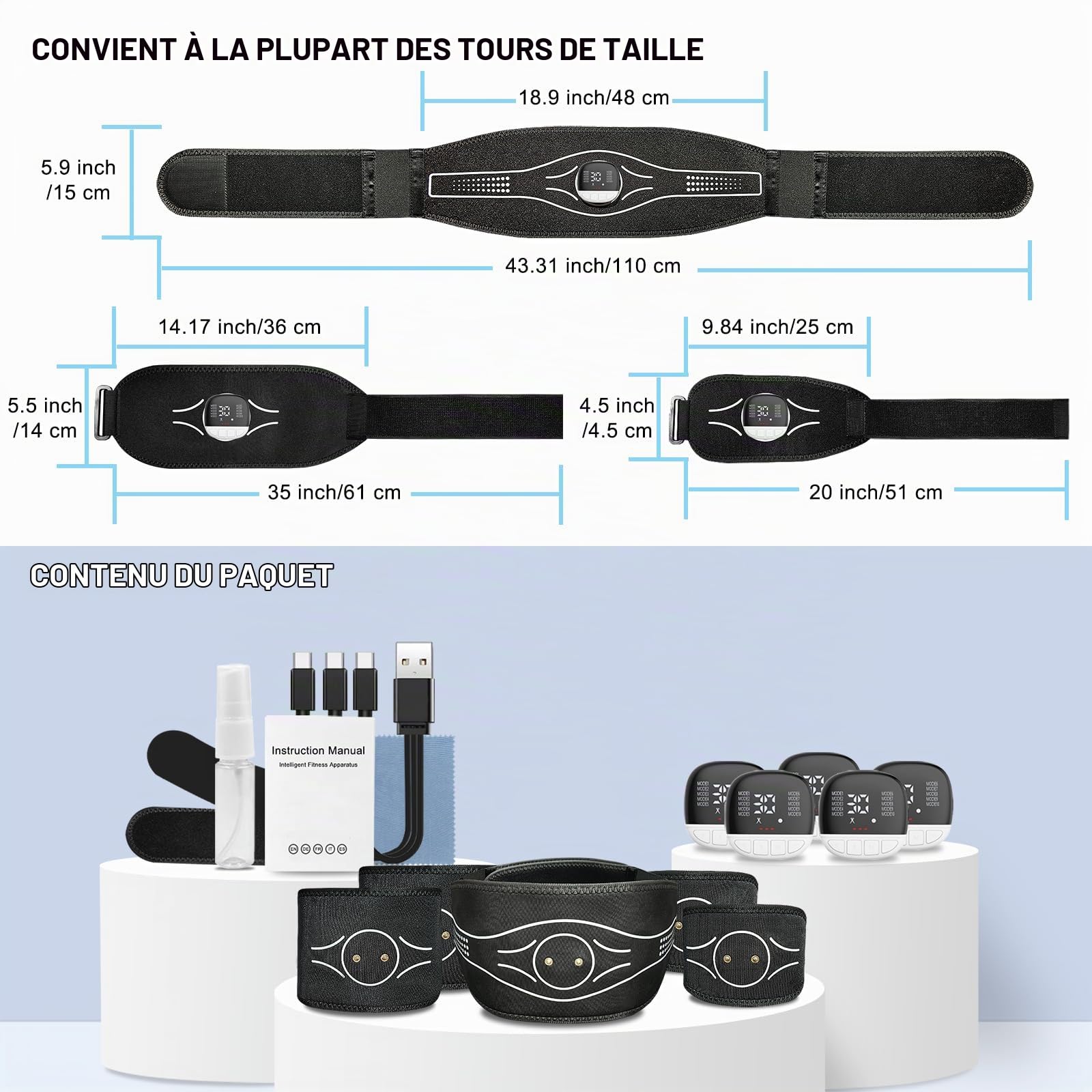 Electrostimulateur Musculaire Ceinture - Espaceur en Aluminium Abdominale Electrostimulation, 10 Modes 30 Niveaux Affichage de la Dépense Calorique et Alerte de Charge, pour Abdomen/Bras/Jambes