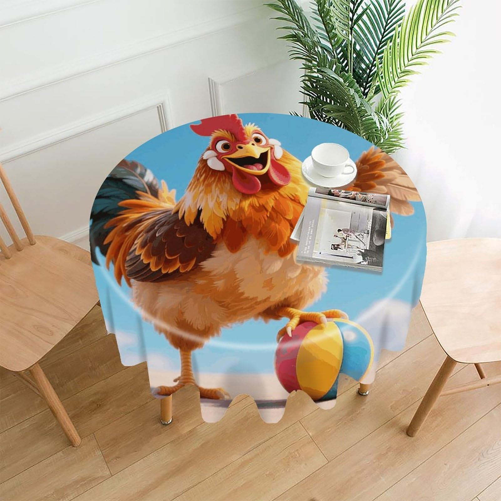 LDGSUPH Funny Rooster Chicken Round Tablecloth Cover Washable Luxurious Fabric Table Cover Decor Wrinkle Free Fashion Round Table Cloth for Home Dining Kitchen Party 60 in