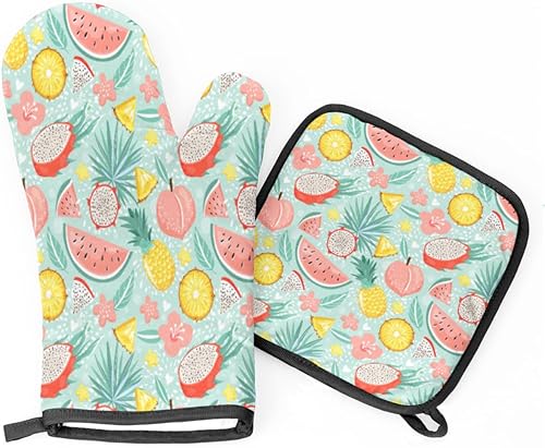 Juego de manoplas de horno y soportes para ollas de frutas de verano Pitaya Peach de 10.6 pulgadas de largo, manoplas de horno resistentes al calor,