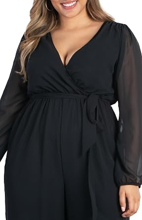 Kiyonna Plus Size Celina Chiffon Wide-Leg Jumpsuit with Long Sleeves for Women |Work, Cocktail, and Formal Events