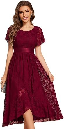 Ever-Pretty Womens Lace Short Sleeve Round Neck Empire Waist Midi High Low Evening Gown 03489