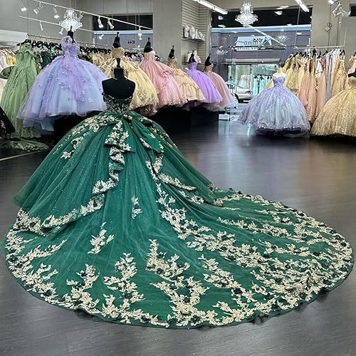 Vista 2 de Mouccy Vestidos de quinceañera de encaje de lujo sin tirantes con cuentas hinchadas vestidos largos de baile con tren 3D floral dulce 16 vestidos