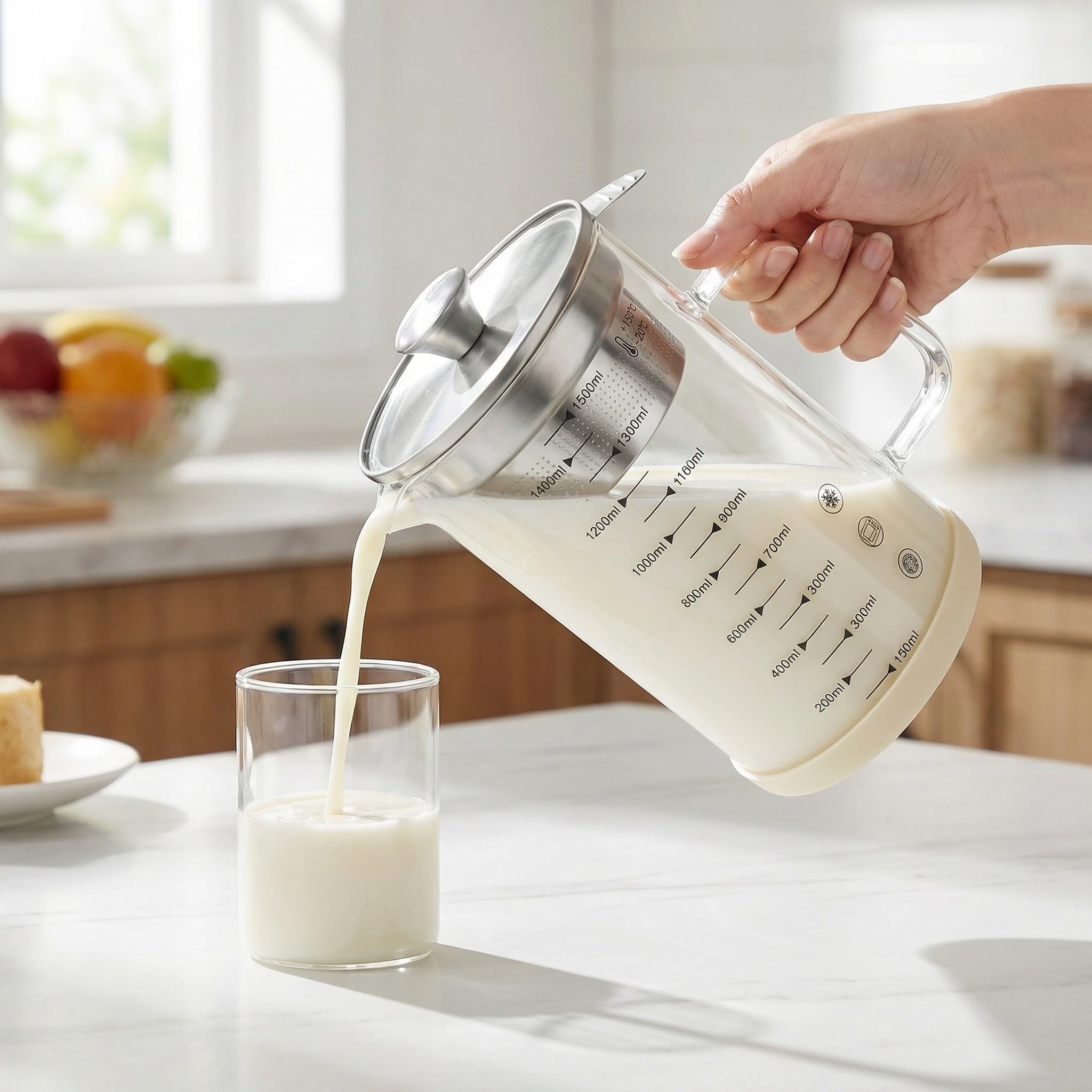 HEMOTON Passoire Métallique 1500ml pour Lait de Soja en Verre et Acier Inoxydable Facile à Ranger à Mailles Fines Carafe à Thé Filtre pour Ustensiles Cuisine