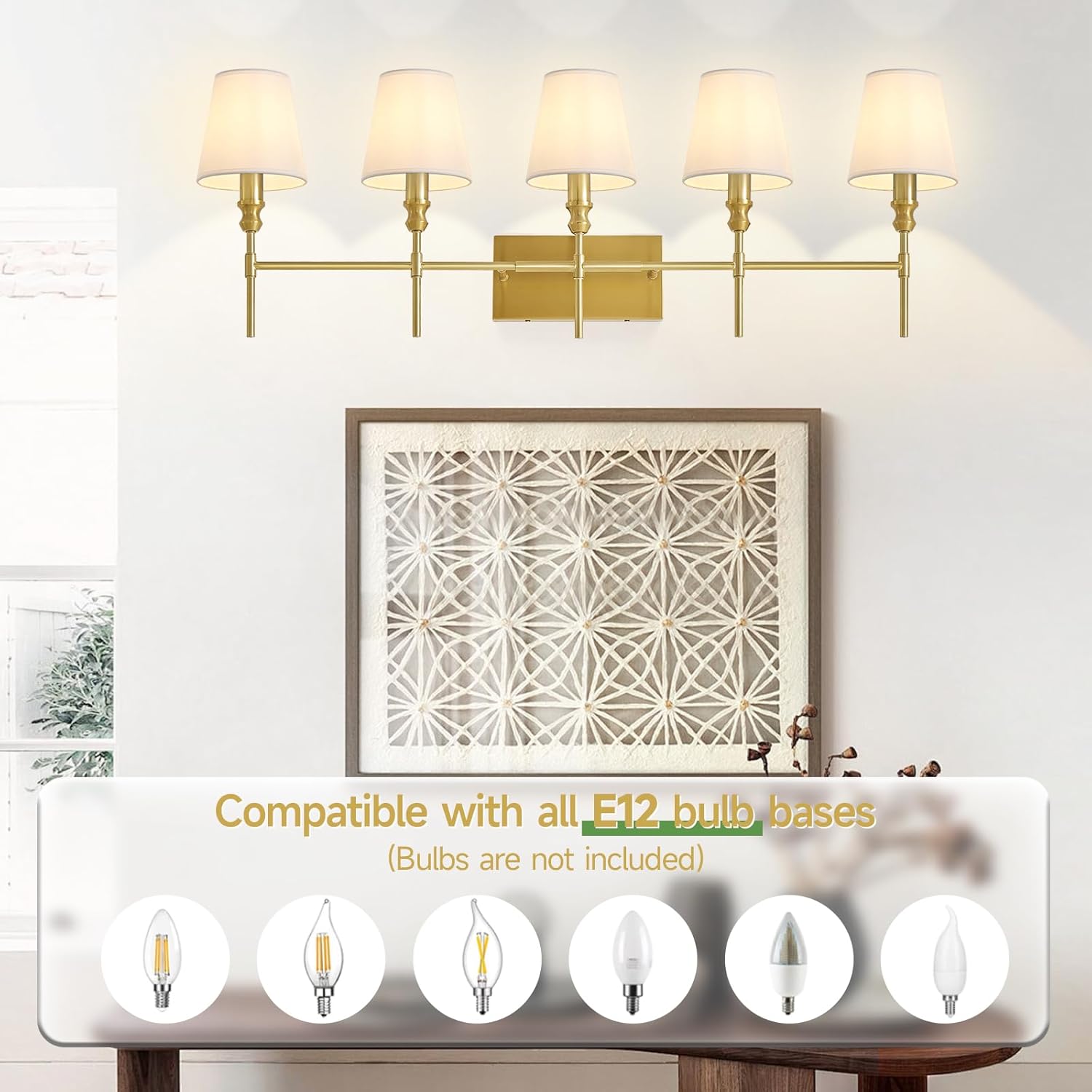 5-light Bathroom Vanity Light,41 IN Vintage Brass Bathroom Light Fixtures Over Mirror,Wall Lamps For Bedroom With Flared White Fabric Lampshade For Living Room,Foyer,Hallway,Hardwired,E12 Base