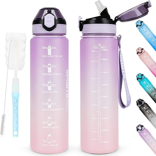 AOHAN Water Bottles 1L BPA Free Sport Drinking Bottle with Straw, Dishwasher Safe Lock Cover Leakproof Motivational Water Bottle with Time Markings, Non-Toxic Canteen Bottle (Purple Pink)