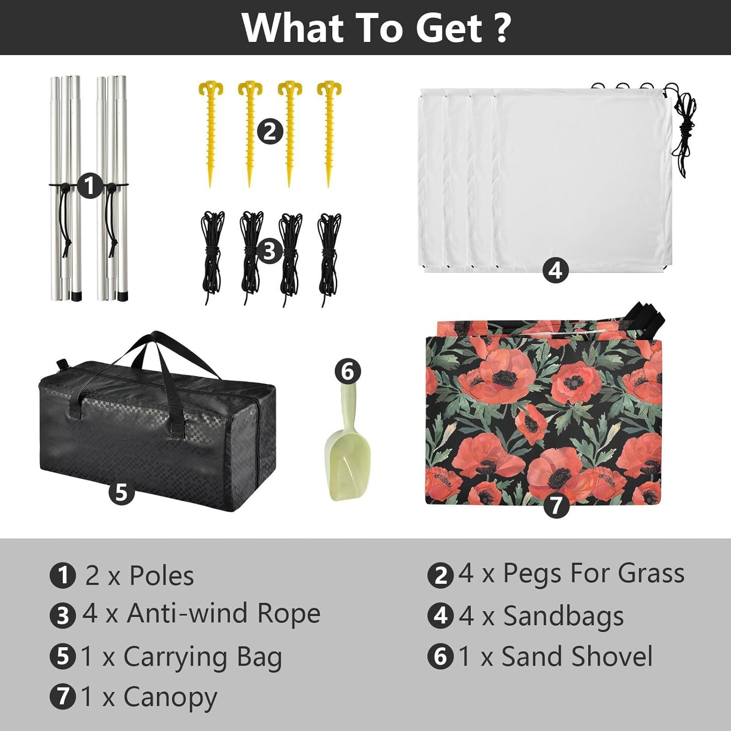 ALAZA Poppy Flowers Beach Tent Sun Shelter UPF50+ Protection Beach Shade Canopy w/ 4 Sandbags for Outdoor Camping, Fishing, Backyard Fun, Picnic, 10x9 ft