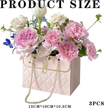 Flower Box,Flower Boxes for Bouquets,Bouquet Boxes,3 Pcs FlowerBox,Bouquet Gift Packaging Box,Florist Storage Bucket for Plants Sweets Wedding Birthday Graduation Party Gift Wrap Bag(Pink Black White)