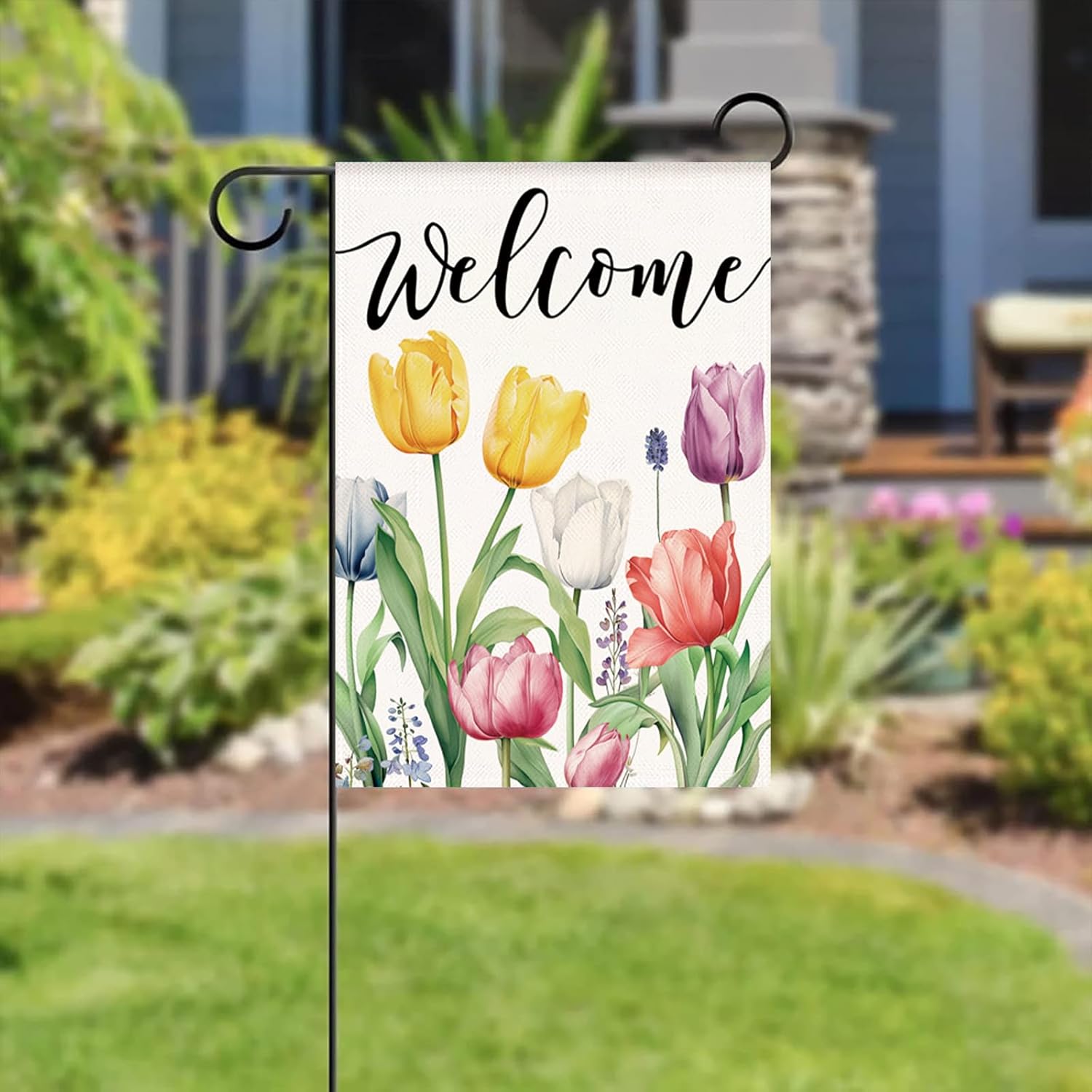 HOMFREEST Spring Floral Tulip Garden Flag 12x18 Inch Double Sided Burlap for Outside Welcome Flowers Small Flags Farmhouse Yard Outdoor Decoration - Image 3