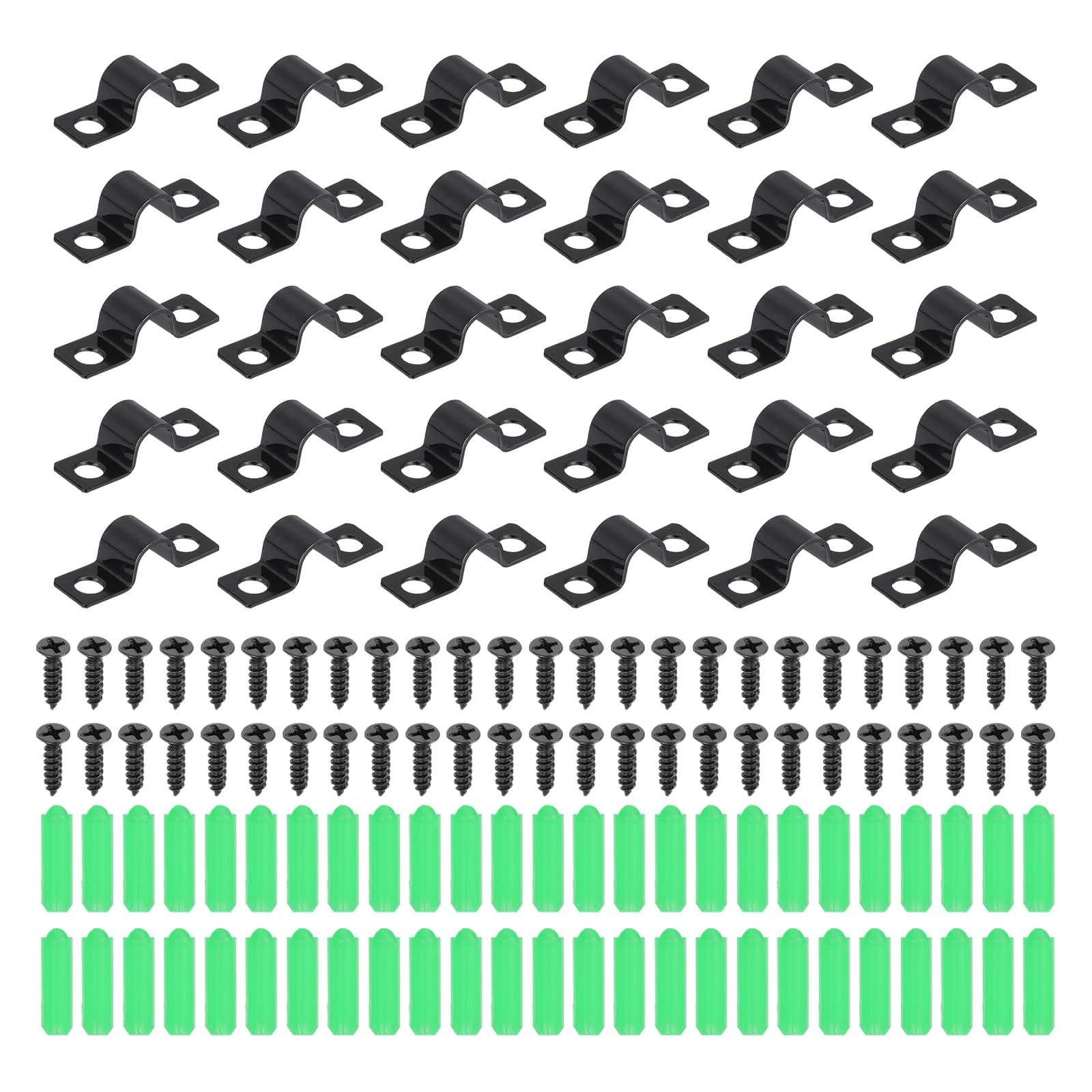 sourcing map 30Pcs 8mm(5/16") Two Hole Pipe Strap, Rigid U Brackets Conduit Clamp Heavy Duty Carbon Steel Pipe Strap Clip with Self-Tapping Screws and Expansion Tubes for Fixing Tube Wire Cord