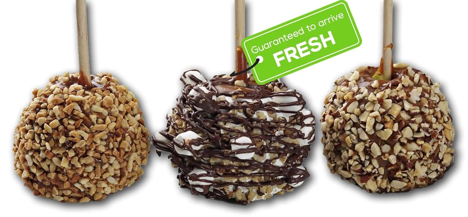 US Sweets Caramel Apple 3 Pack - Caramel Granny Smith Apples Rolled in Nuts & Marshmallows w/Chocolate Drizzle | Delicious Gift | Handmade in Small Batches | Guaranteed to Arrive Fresh