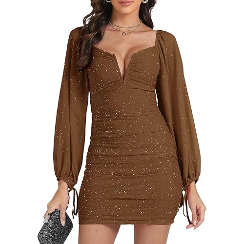 Rooscier Women's Glitter V Neck Lantern Long Sleeve Ruched Bodycon Sexy Cocktail Mini Dress