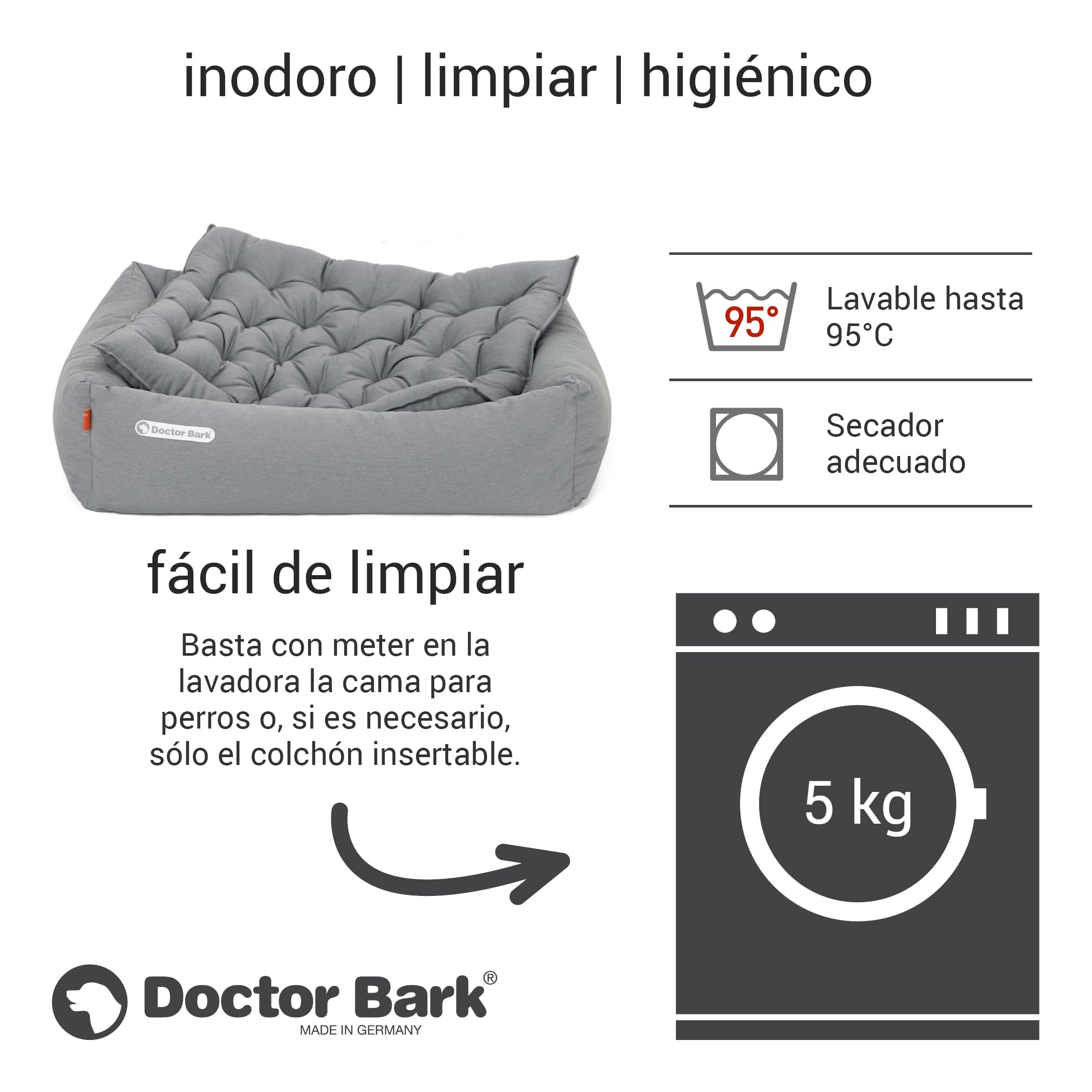 Doctor Bark Cama ortopédica para perros, lavable hasta 95 °C, sin olor e higiénica, acogedora decoración para perros medianos (M - 80 x 70 cm, gris claro)
