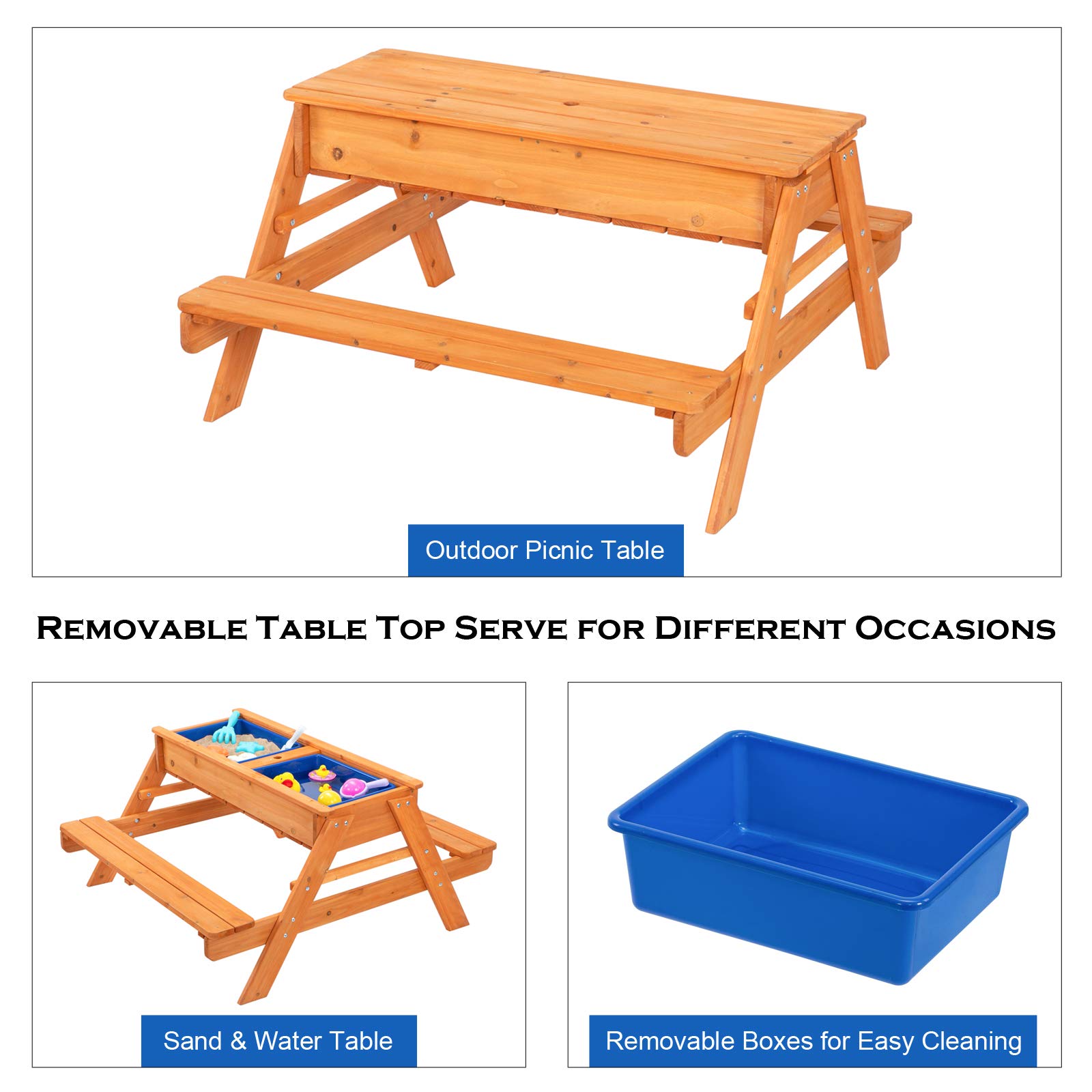 JOYMOR 3 in 1 Kids Picnic Table with Umbrella and 2 Play Boxes, Sand