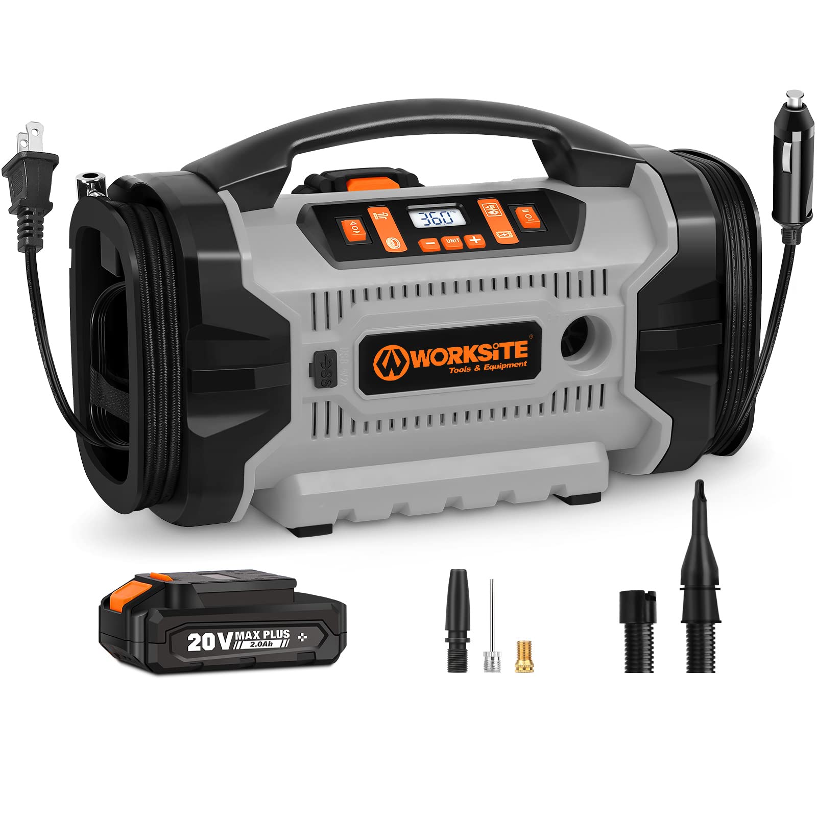 WORKSITE Tire Inflator Air compressor Portable, 160 PSI Car Tire Pump with 3 Power Supply (110V AC, 12V DC & 20V Battery), Inflation & Deflation Modes, Dual Powerful Motors, Gray