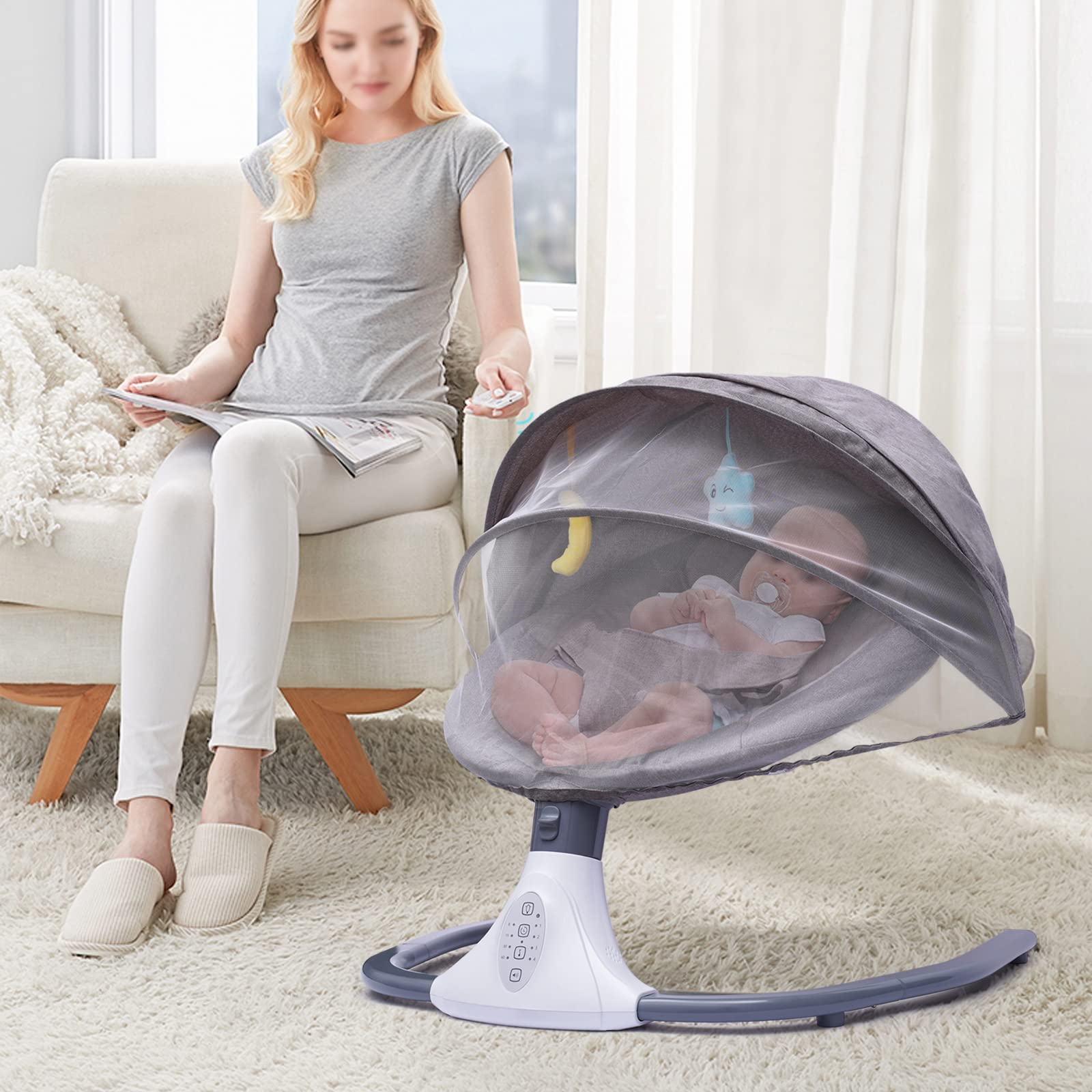 Altalena elettrica per bambini, per interni con baldacchino oscurante, con telecomando, 12 musica Bluetooth, per bambini da 0 a 18 mesi, fino a 44,09 libbre (grigio)