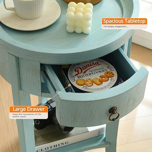 Miniatura 6 de Mesita de noche redonda con cajón, mesita de noche azul vintage con estante, mesa auxiliar pequeña rústica con almacenamiento para dormitorio, sala