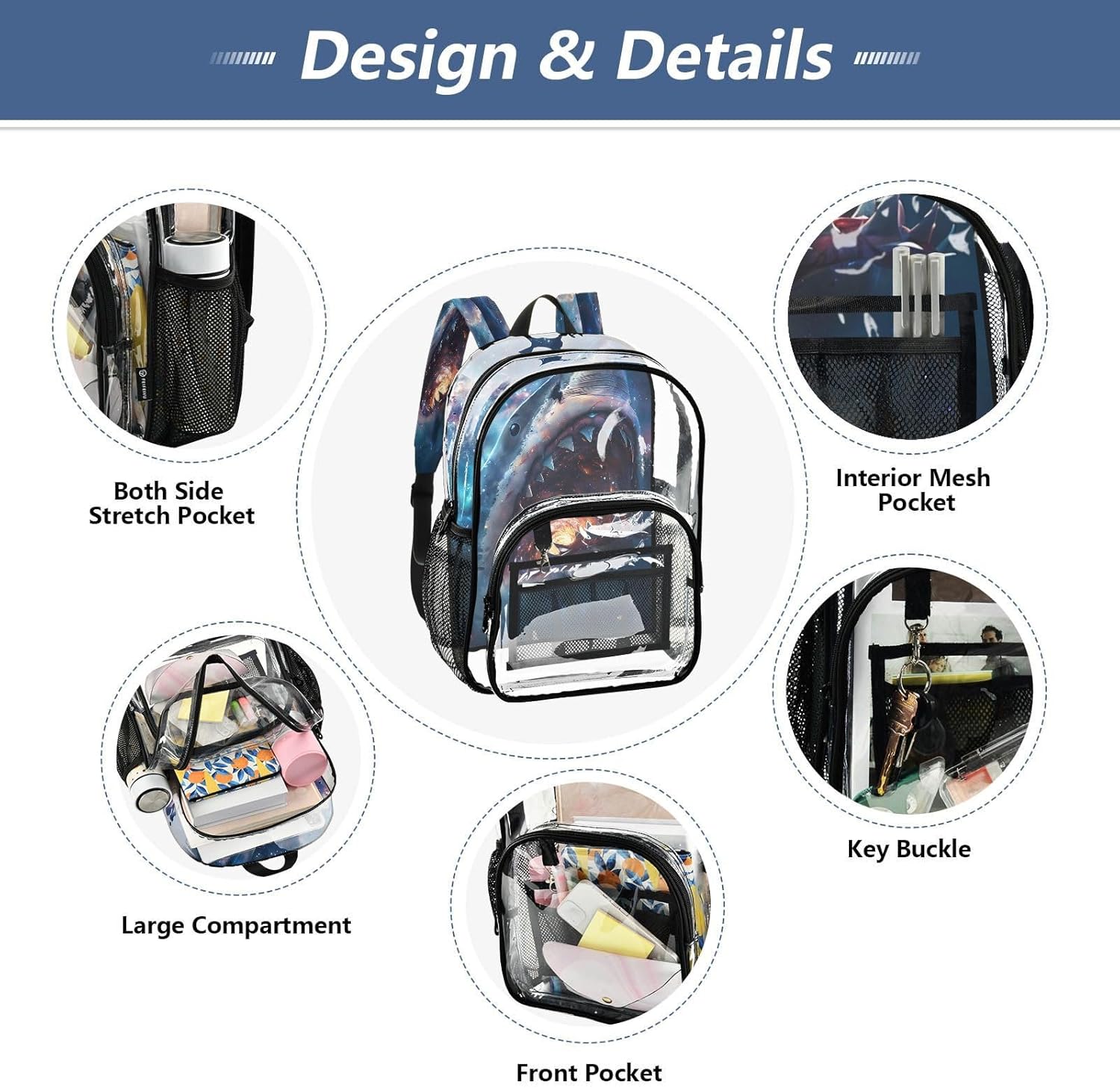 Shark Starry Sky Cloud Clear Backpack Heavy Duty See Through Transparent PVC BookBag for Kids Boy Girl School Work