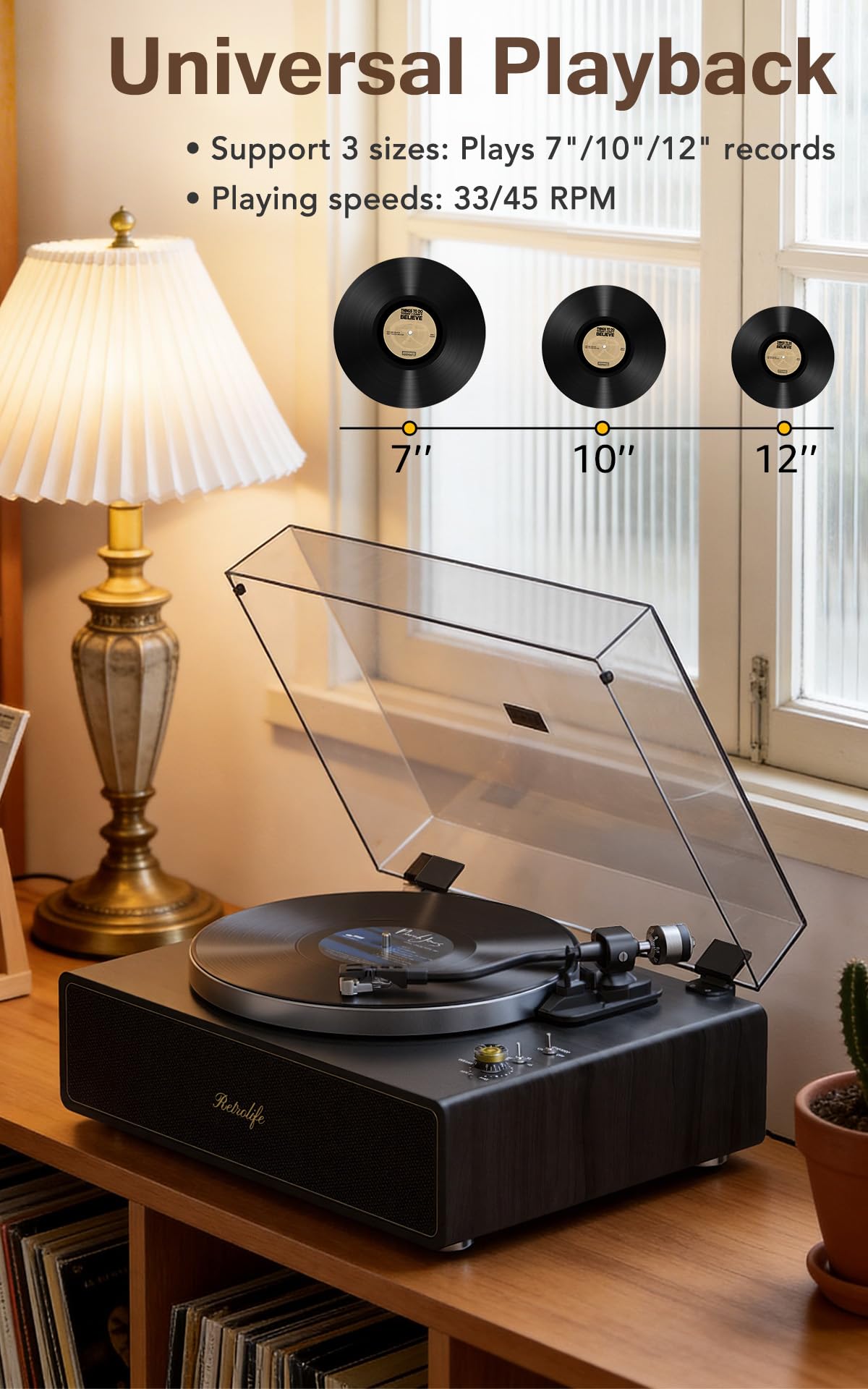 Tocadiscos de Vinilo con Altavoz estéreo HiFi Integrado, Tocadiscos Bluetooth 33/45 RPM Parada Automática/Salida RCA/Aux in Reproductor Vinilo
