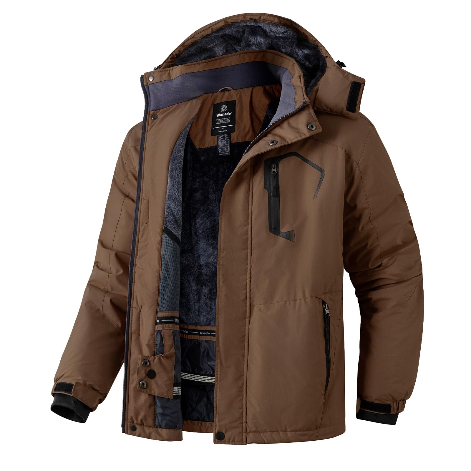 Wantdo Giacca da Sci Montagna Calda Invernale Parka da Neve Imbottita Cappotto da Snowboard in Pile Giubbotto con Cappuccio Impermeabile Uomo