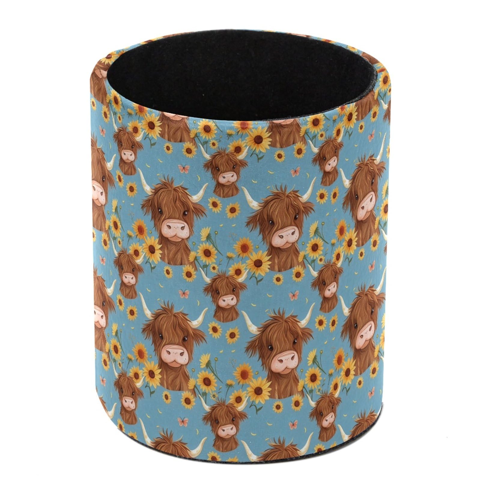 HEOEH Highland Cow Sunflowers Pen Holder for Desk, PU Leather Pencil Holder Pen Cup Marker Holder Makeup Brush Holders, Desk Accessories & Workspace Organizers for Home, Office