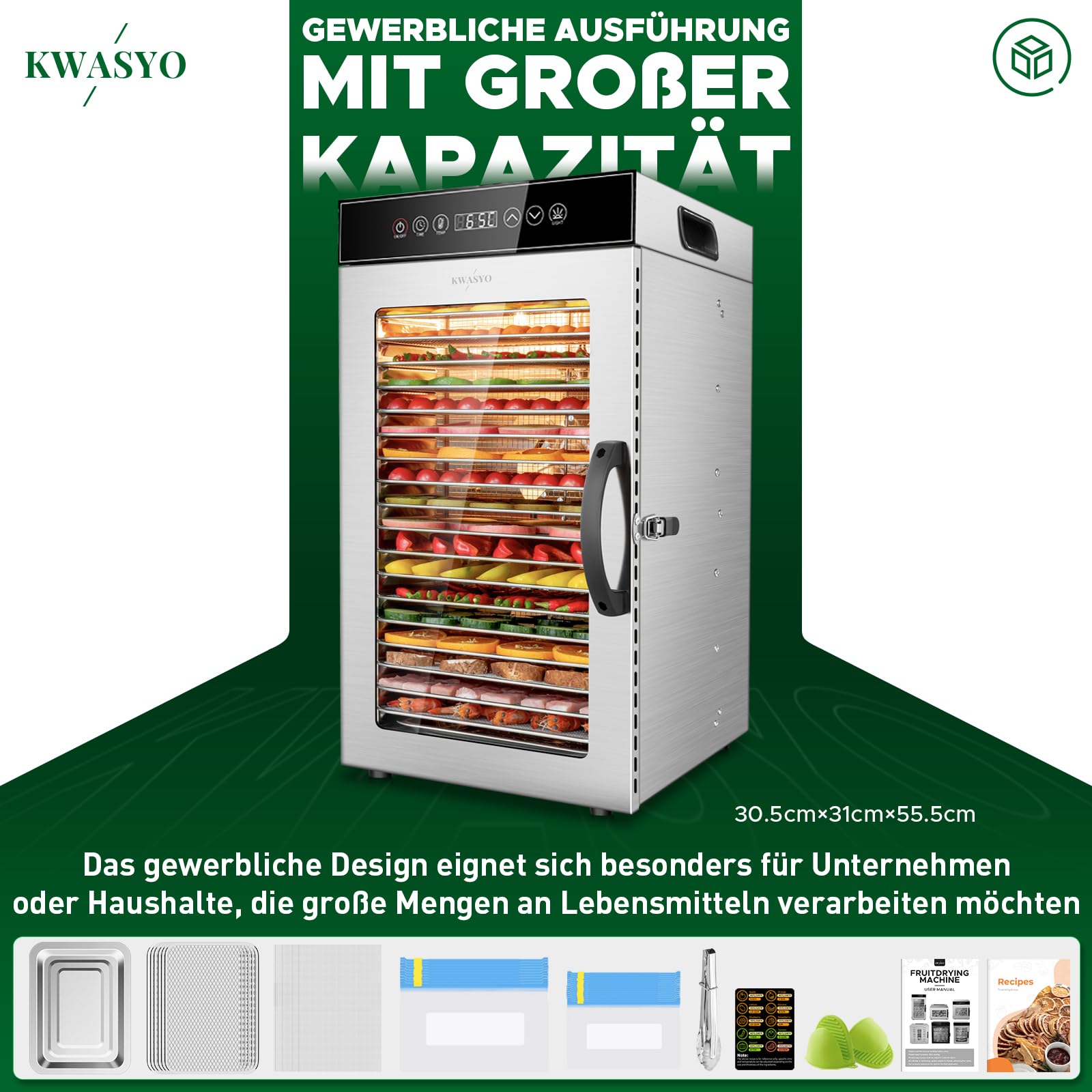 Kwasyo Gewerblicher Dörrautomat 18 Etagen, 800W Edelstahl Lebensmittel Dehydrator mit 360° Luftzirkulation, Große Kapazität für Fleisch, Obst, Gemüse, Kräuter