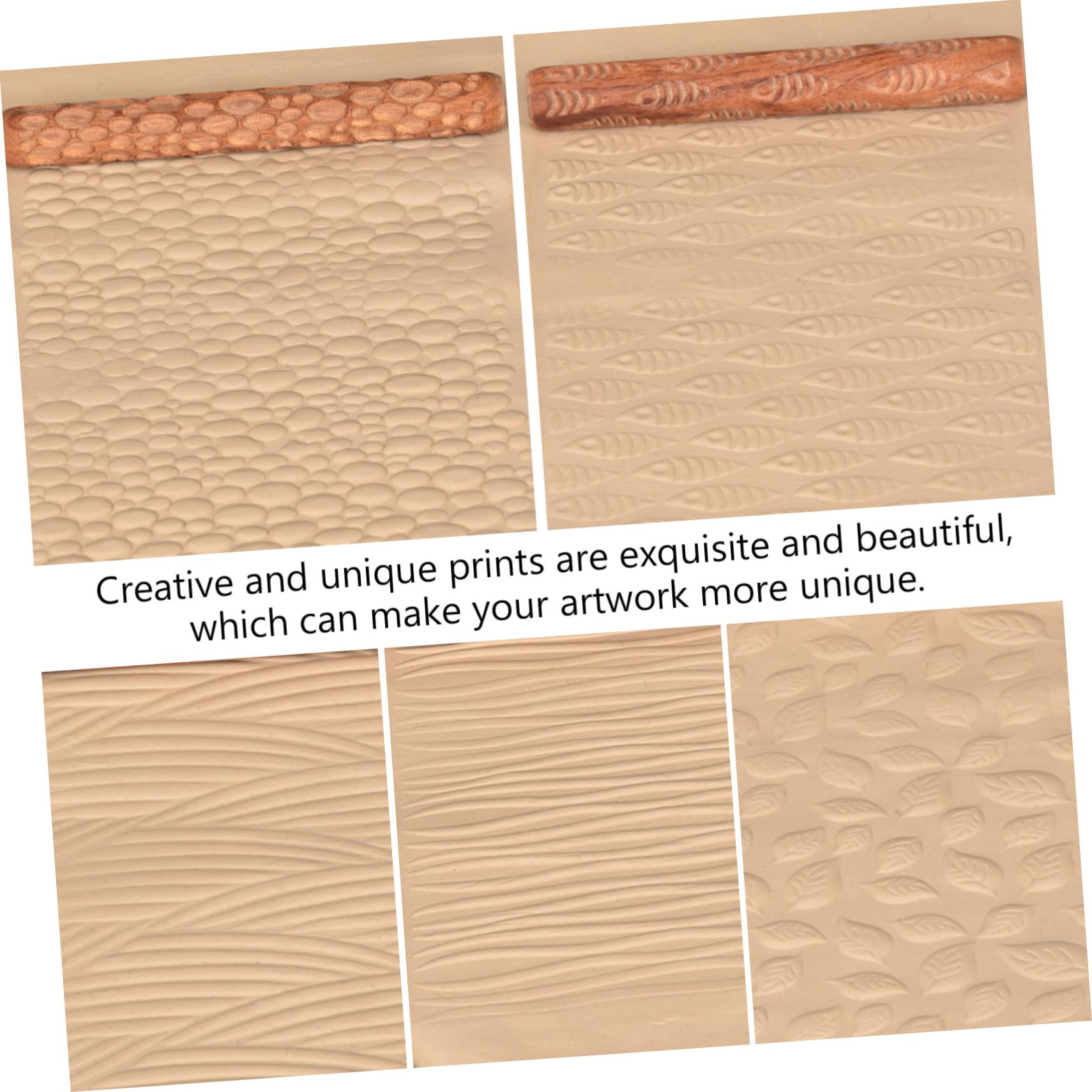 Kit 5 Rulli per Modellare Argilla in Legno Motivi Stampati, Utensili Artigianali per Ceramica Fai da Te, Impugnatura Comoda e Riutilizzabile, per Lavorazione Argilla e Creazioni Artistiche