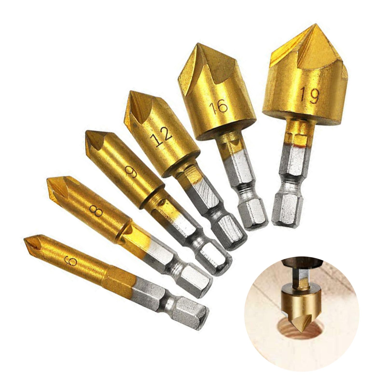 6Pcs Hss Countersink Drill Bit Set with 5 Flute 82 Degree Center Countersink Bits 1/4" Hex Shank Chamfering Drill Bits for Wood Quick Change Bit 6mm-19mm