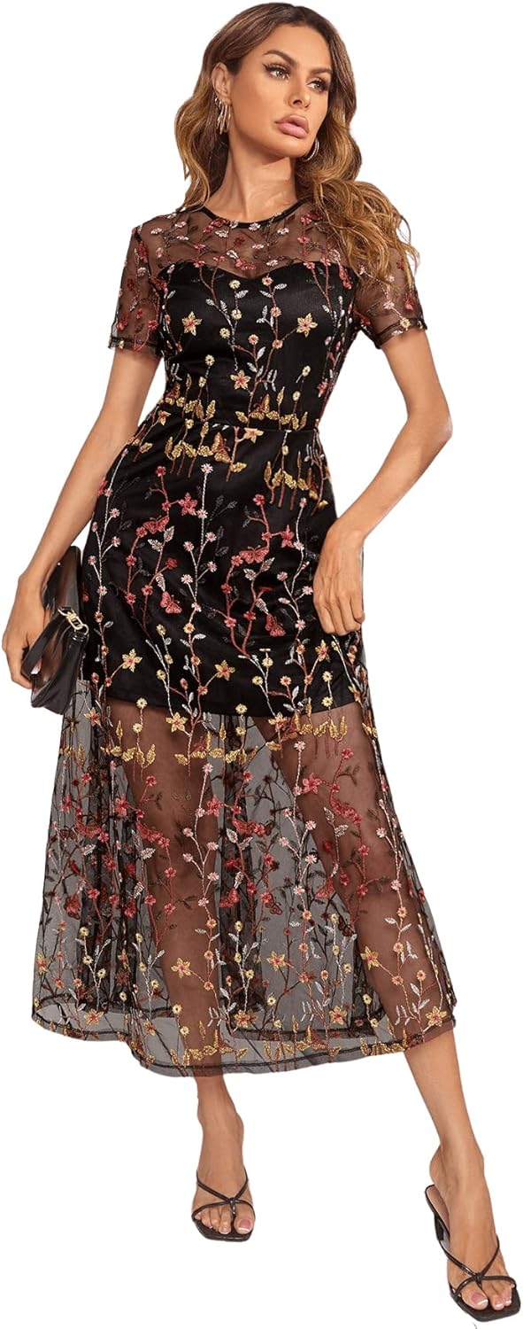 SweatyRocks Women's Sheer Mesh Embroidery Dress Floral Short Sleeve Dress A Line Long Dresses
