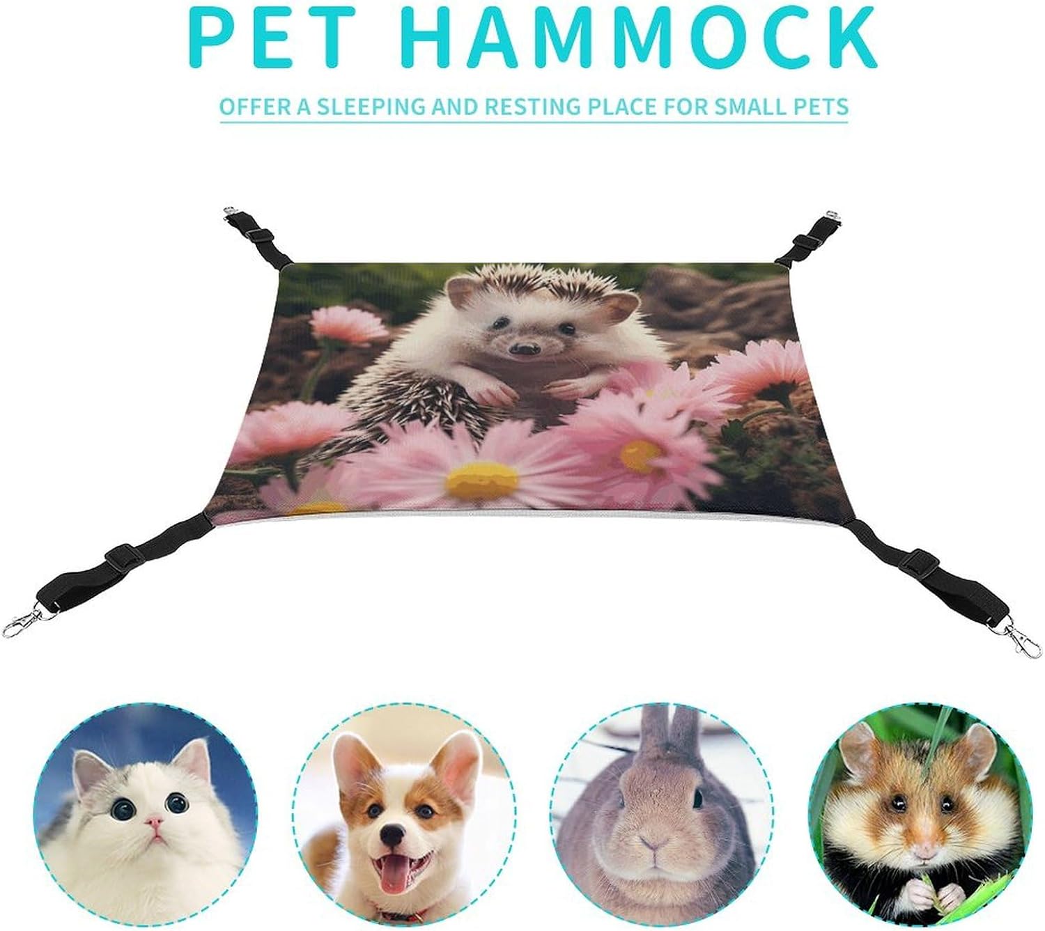 review Hanging Pet Hammock, Cute Hedgehog in Flowers Printed Soft Breathable Pet Hammock with Adjustable Straps and Metal Hooks for Cats Small Dogs Rabbits Sugar Gliders