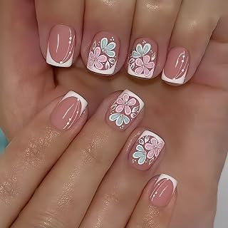 White French Tip Press on Nails Flower Fake Nails Short Square False Nails Spring Summer Floral Glue on Nails Pink White F...