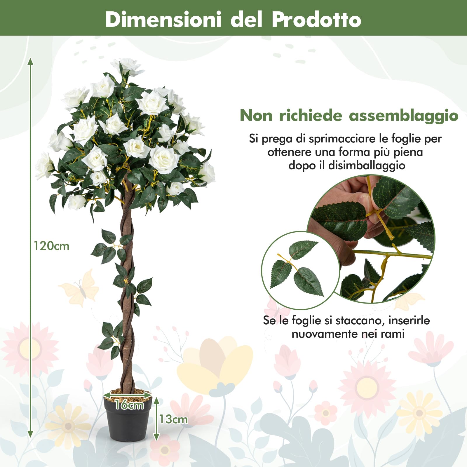 COSTWAY Pianta Floreale Finta 120 CM, Albero di Fiori Artificiali con Rose Bianche, Vaso da Vivaio, Pianta in Vaso da Interno per Decorazione Interna per Ufficio e Casa
