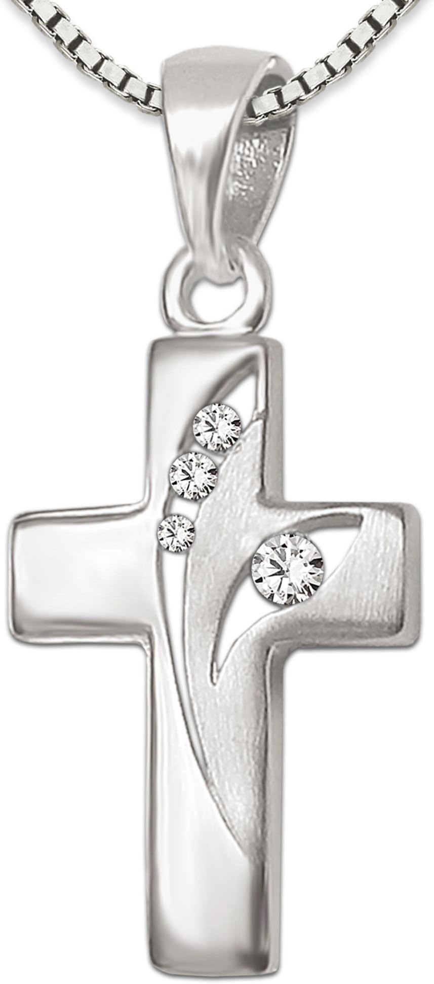 CLEVER SCHMUCK Set Silver Pendant Small Cross, 3 + 1 Zirconia Stones, 2 Open Arches, Matte/Shiny with a Venetian Chain 42 cm 925 Sterling Silver in Case
