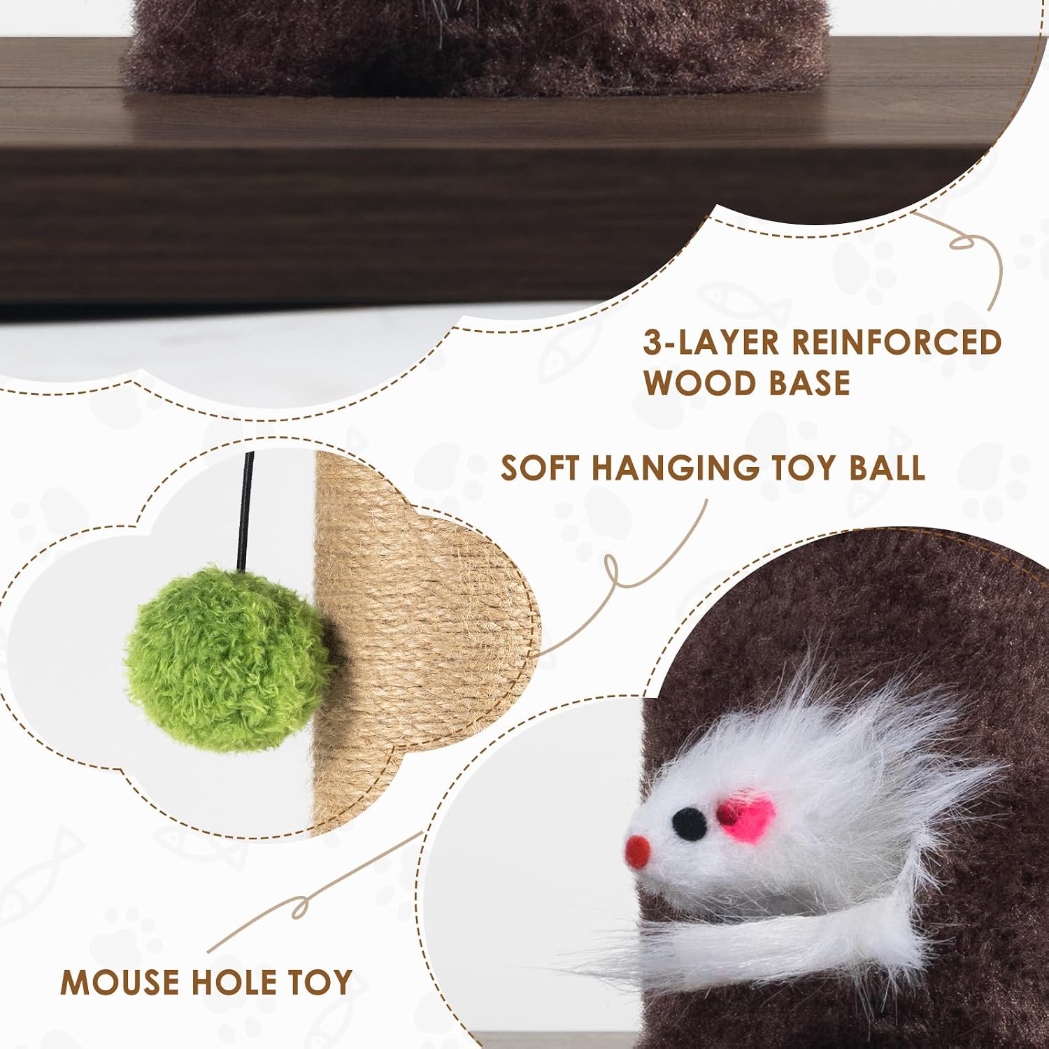 Tall Cat Scratching Post, Natural Sisal Cat Scratcher with Large Wooden Base, Interactive Hanging Pom-pom Ball & Plush Mouse Toy, Stable Cat Furniture for Indoor Cats & Kittens