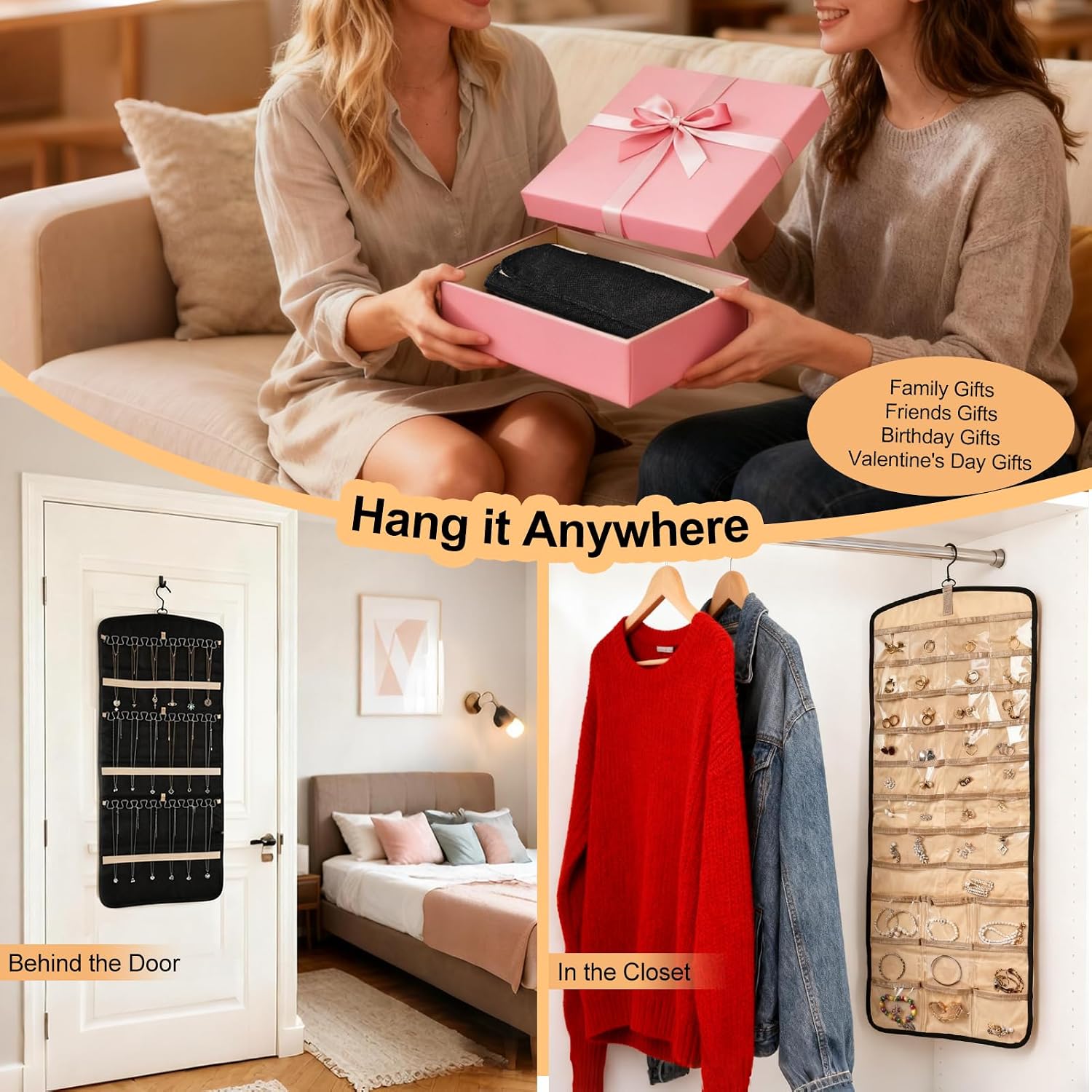 Hanging Jewelry Organizer Storage Roll with 39 Clear Pockets Double-Sided Foldable, Necklace Organizer Tangle Free, Travel Jewelry Holder for Earrings, Rings, Bracelets, Hanging on Closet, Wall, Door