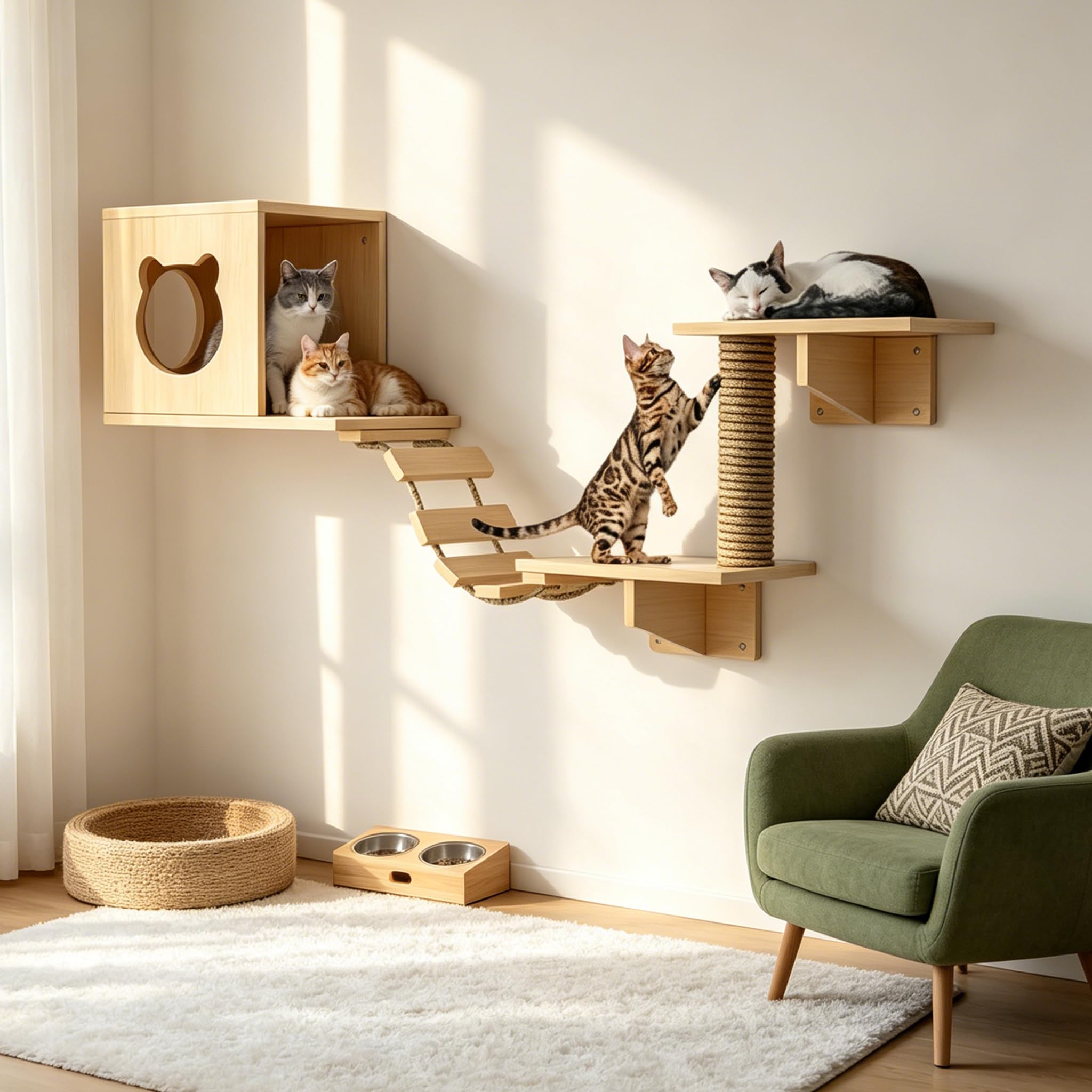 Cat Shelves Set, 5-Piece Wall Mounted Cat Furniture with Cats House, Climbing Post, 2 Steps and Bridge Ladder, Space-Saving Cats Perch Tree for Indoor Cats, Natural Wood