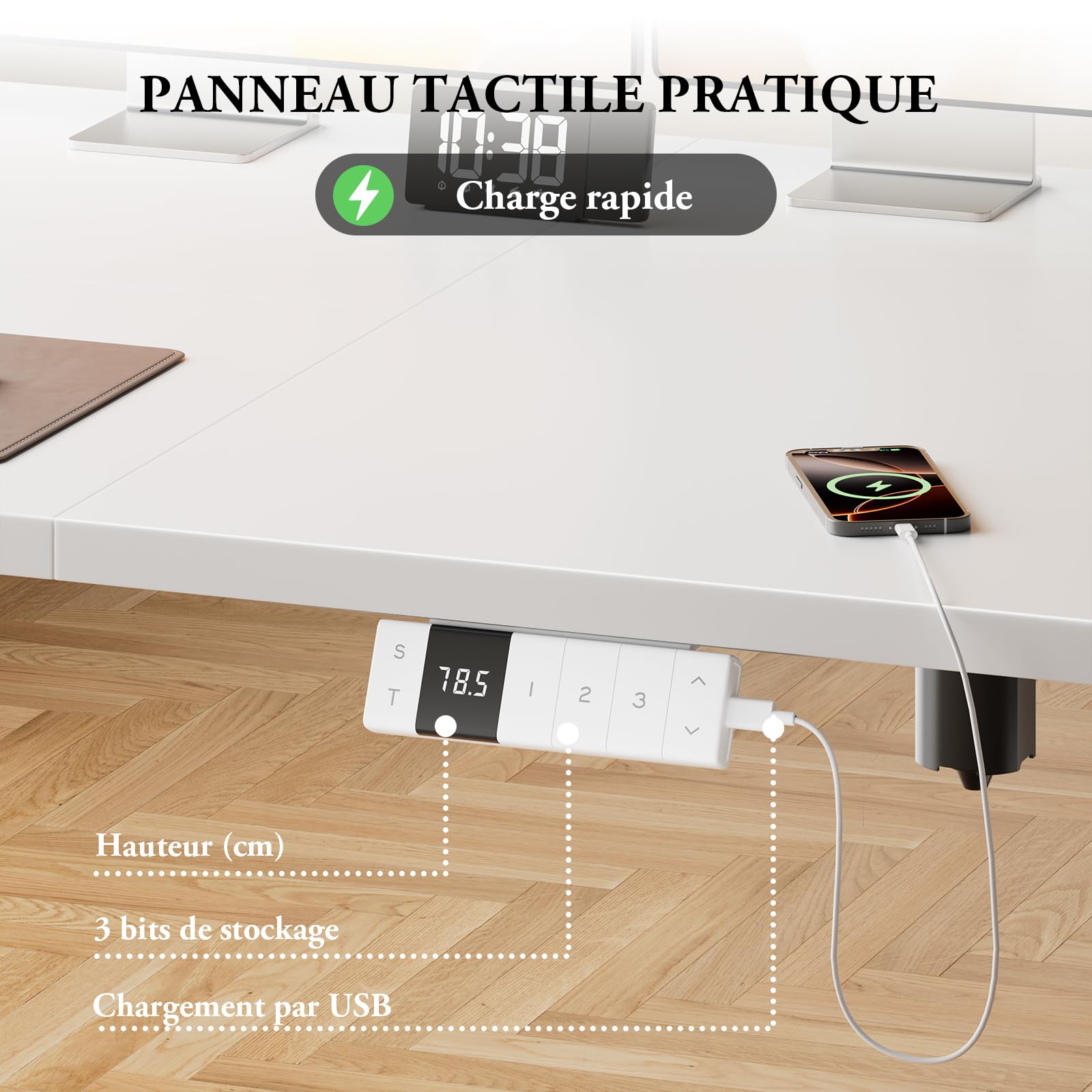 Devoko Bureau Assis Debout Électrique 160×80cm, Bureau Électrique avec Chargeur Type-C Organiseur de Câbles et 3 Positions Mémorisables Réglable en Hauteur pour Bureau, Télétravail, Blanc