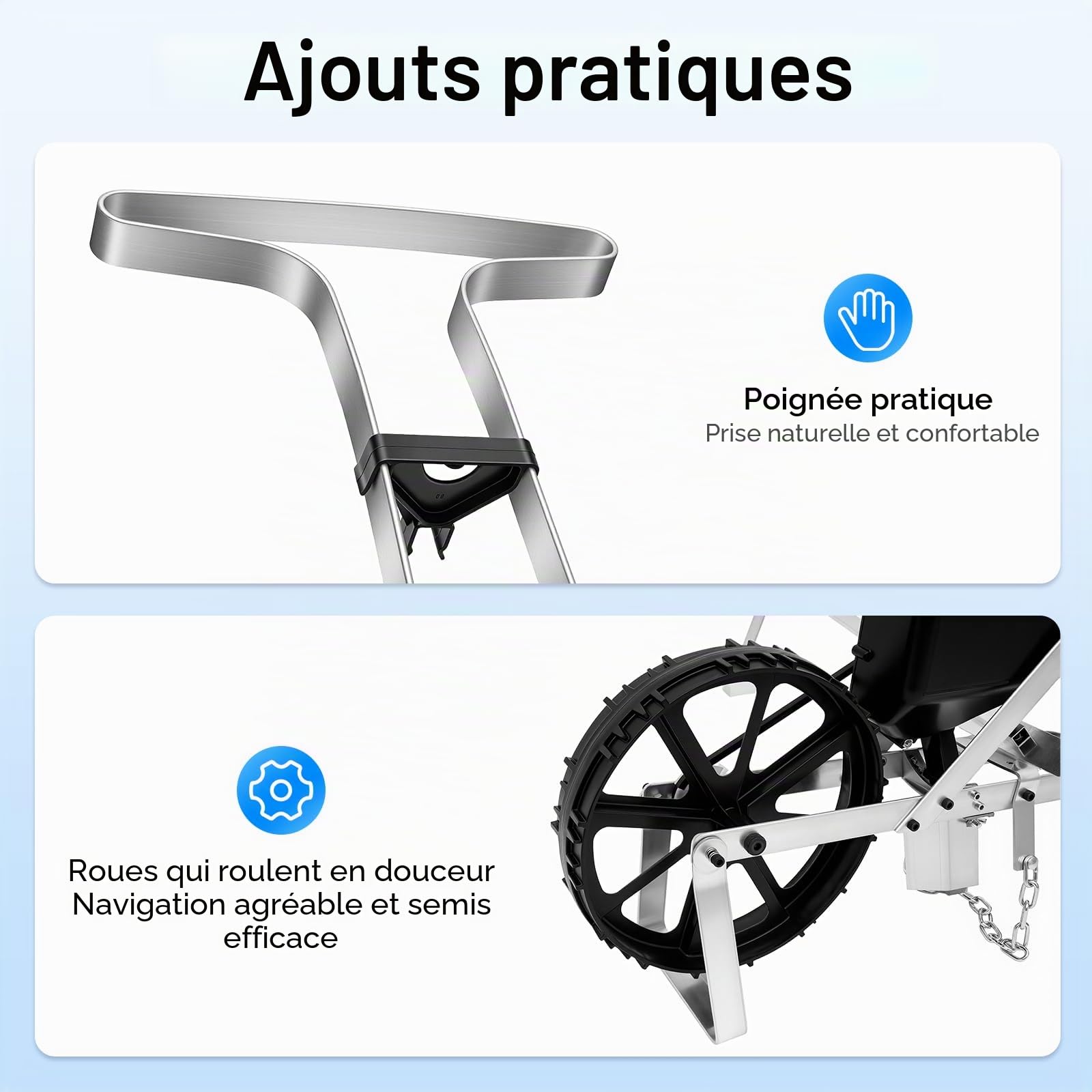 Semoir manuel de jardin en aluminium - Réglable en hauteur - Simple rangée - Grain unique - Pour graines, maïs, poireaux, épinards, carottes