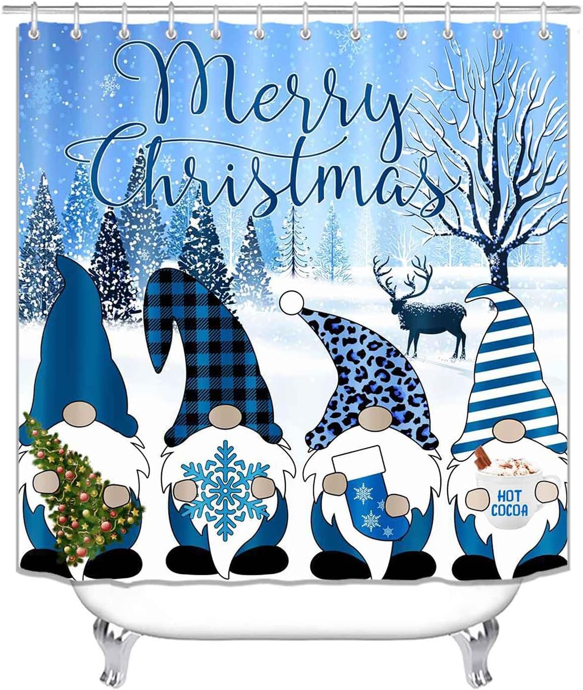 4PCS Christmas Shower Curtain Sets with Rugs, Waterproof Fabric Shower Curtain, Funny Gnomes Blue Plaid Leopard Print Xmas Tree Deer Stocking Snowflake New Year Holiday Winter Bathroom Decor