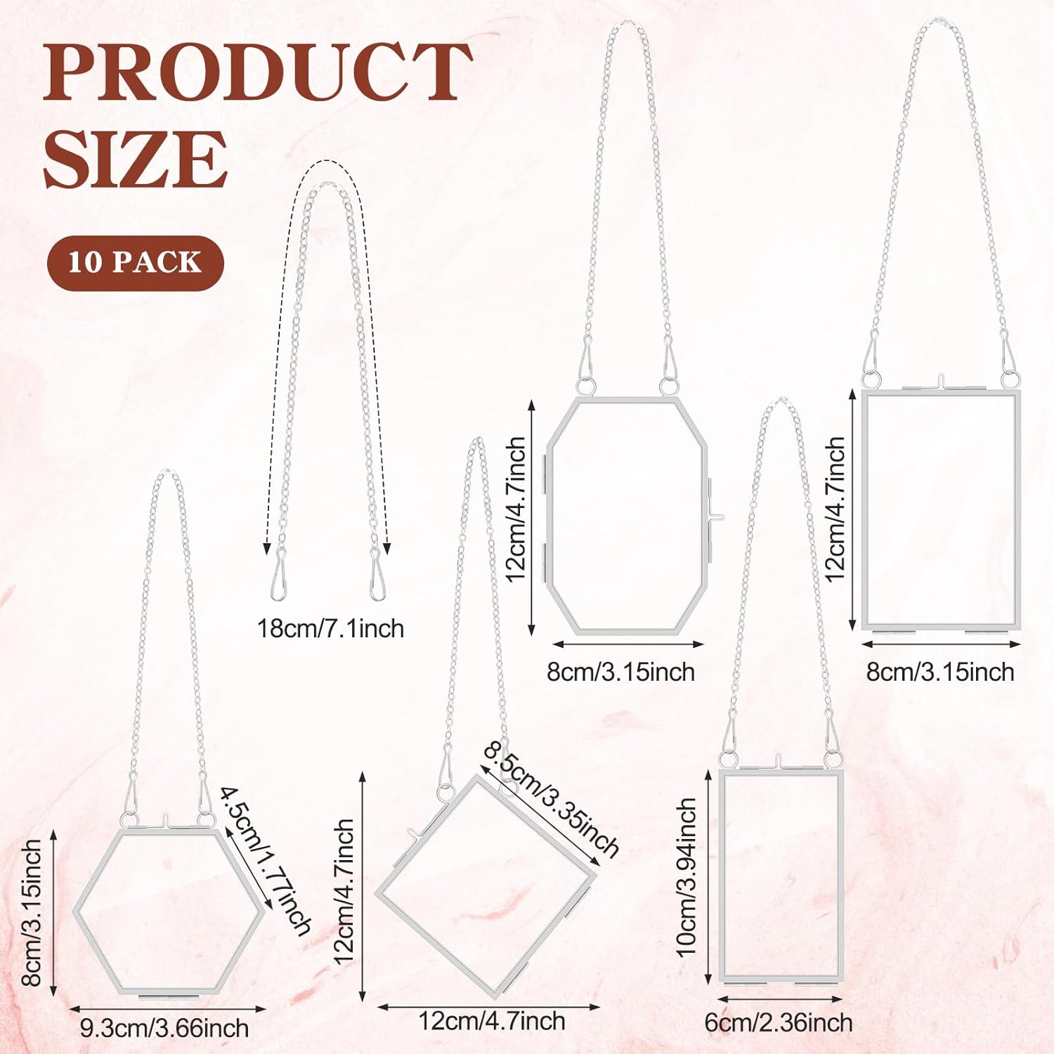 BBTO 10 Pcs Glass Frame for Pressed Flowers 5 Different Shapes Brass Hanging Picture Frame with Chain Pressed Flower Glass Photo Frames for Artwork Frame Home Wall Decor Plant Specimen (Silver)