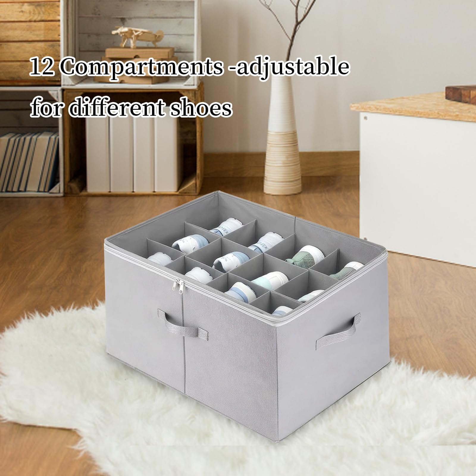 Aufbewahrungsbox für Schuhe, Schuh Aufbewahrungssysteme mit 12 Fächern, Schuhorganizer für Closet, mit Tragegriff, Geeignet für Stiefel, Hohe Absätze, Flache Schuhe, etc., Grau