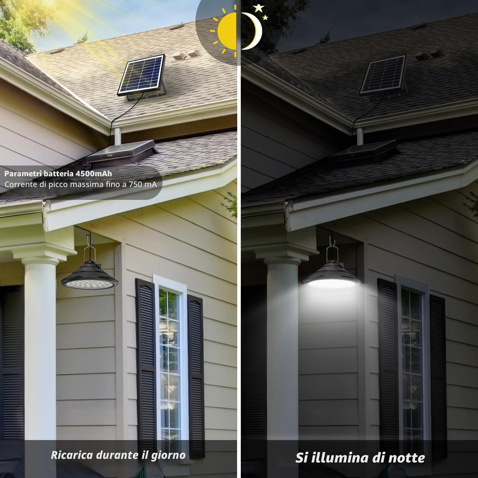 Qoolife Luci solari per esterni ed interni, 4500 mAh, 3 colori/4 modalità, lampada LED solare sospesa con telecomando, IP66, resistente all'acqua, ricarica USB, lampada a sospensione per giardino