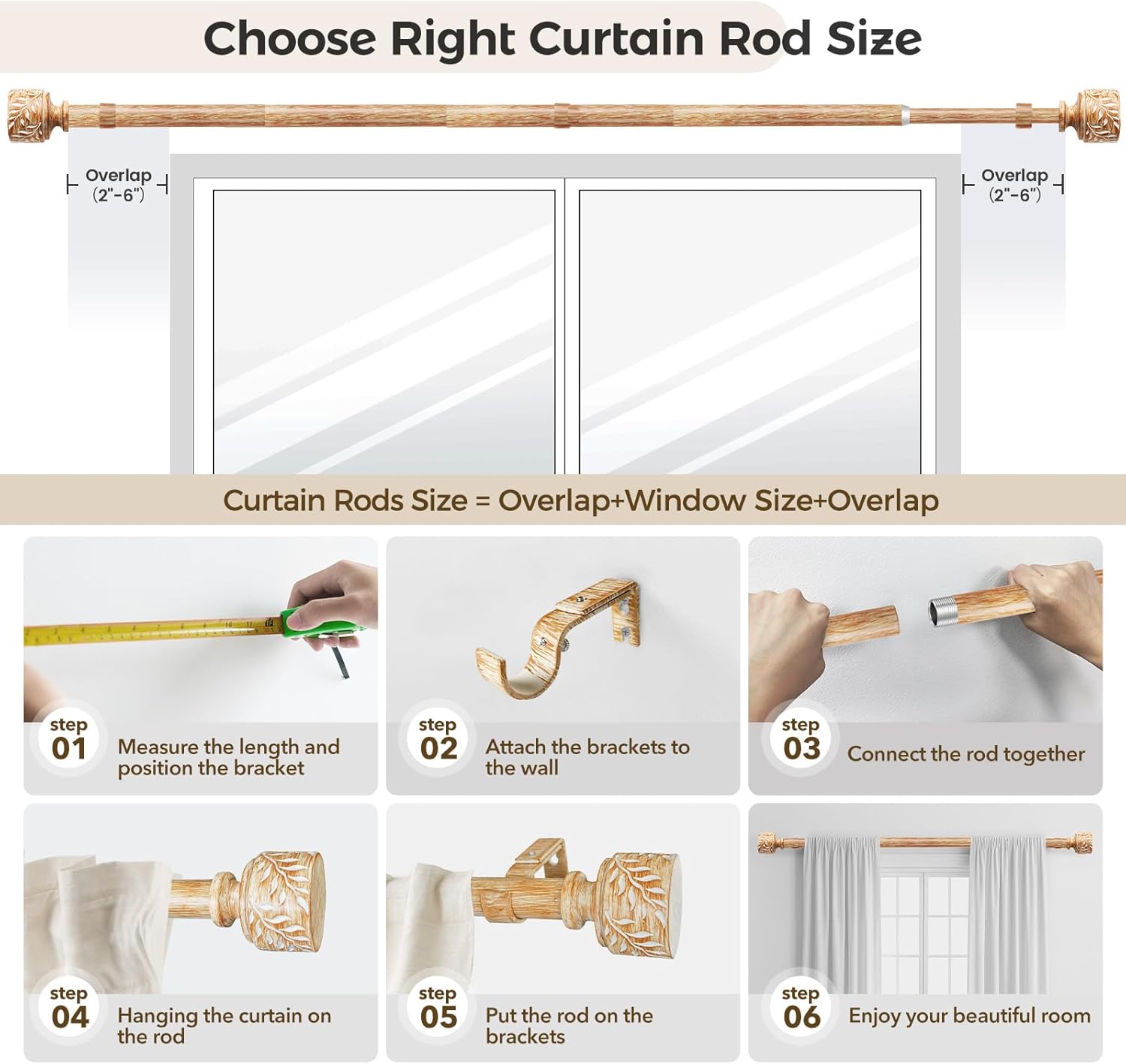 2 Pack Boho Wood Curtain Rods for Windows 32 to 45 Inch, 1" Diameter Adjustable Heavy Duty Curtain Rod with Imitation Wooden Grain Leaf Pattern Finials, Rustic Decorative Drapery Rods, Size 32"-45"