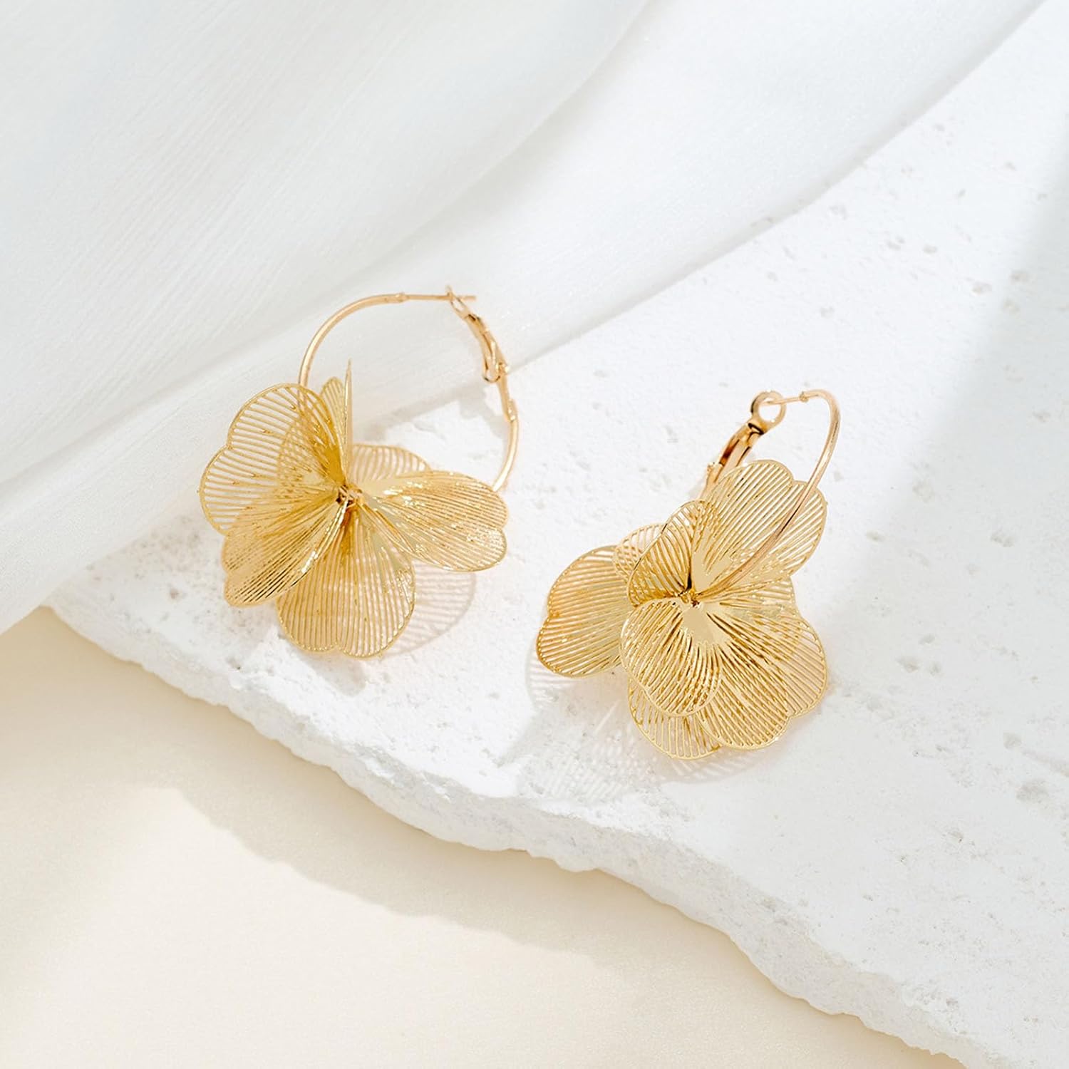 Gold Flower Earrings for Women, Boho Gold Flower Hoop Petal Earrings Statement Jewelry Accessories - Image 3