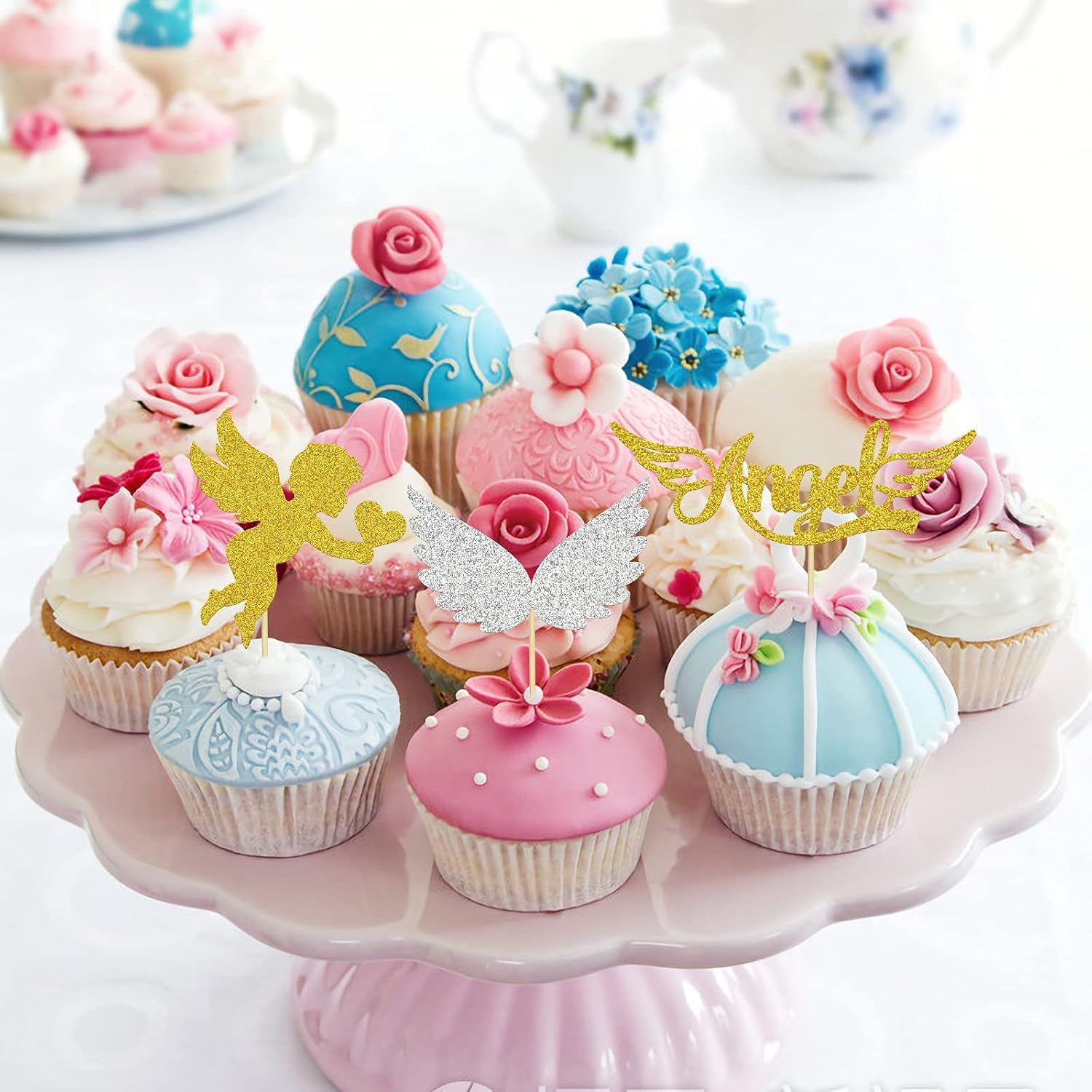 24PCS Glittery Angel Cupcake Toppers Cupid's Arrow Dessert Decor God Bless Baby Birthday Party Decoration Supplies