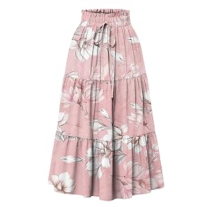 Womens Floral Skirt Boho High Waisted Drawstring A Line Long Skirt Summer Casual Flowy Tiered Vacation Maxi Skirts