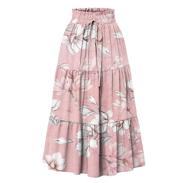 Womens Floral Skirt Boho High Waisted Drawstring A Line Long Skirt Summer Casual Flowy Tiered Vacation Maxi Skirts