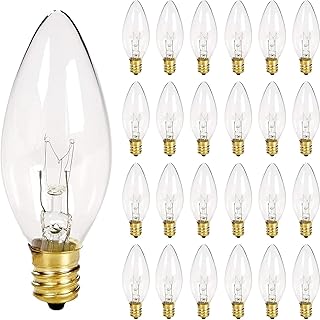 25 Pack Clear Torpedo Tip Replacement Bulbs, 7 Watt C26 Incandescent Bulbs for Electric Candle Lamps, Window Candles, Chandeliers, E12 Candelabra Base Light Bulbs